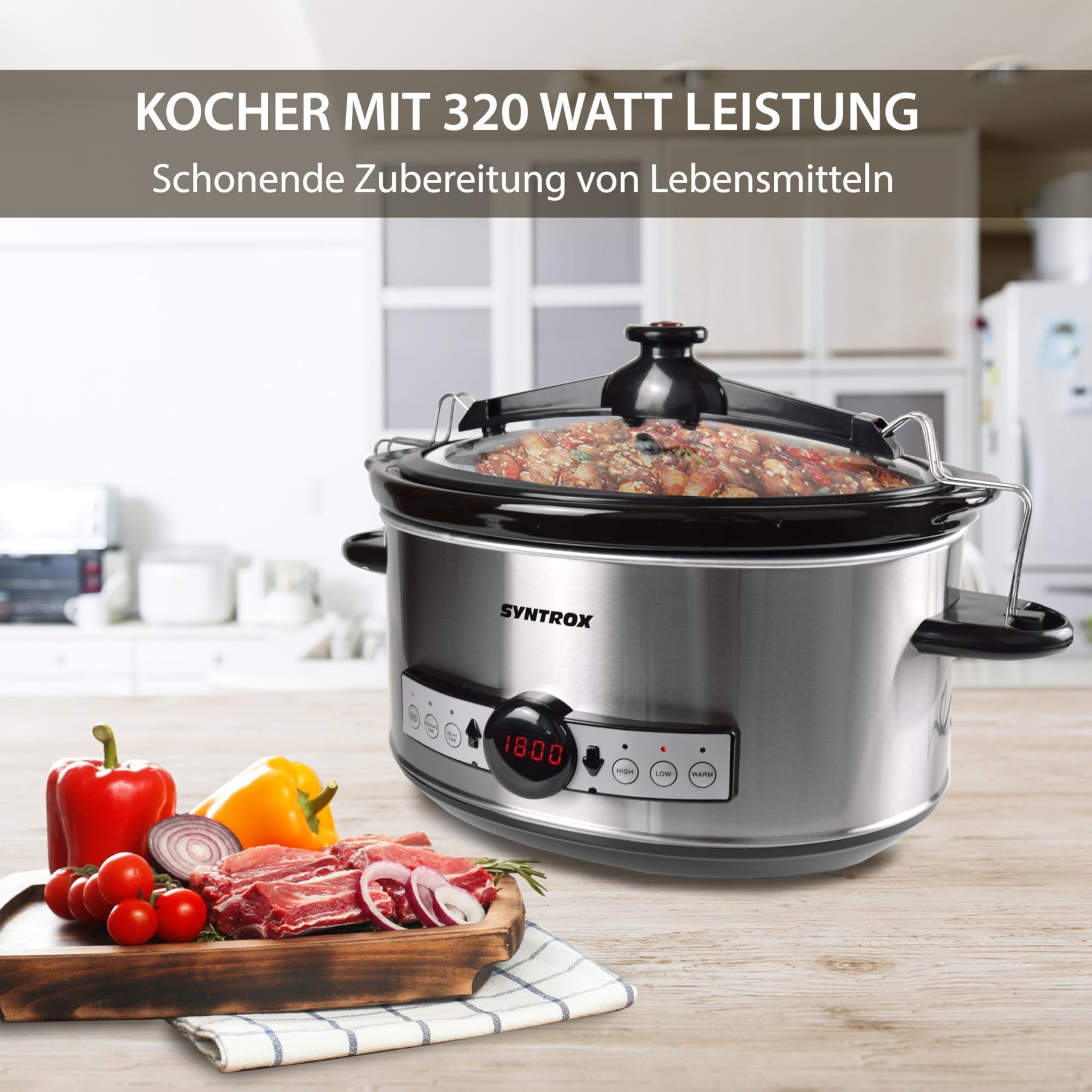 Syntrox Germany 6,5 l Slow Cooker | Schmortopf | Schongarer | Multikocher Stosax, Keramikinnentopf, Warmhaltefunktion, mit Timer, küchenzubehör, Multifunktionaler Küchenhelfer