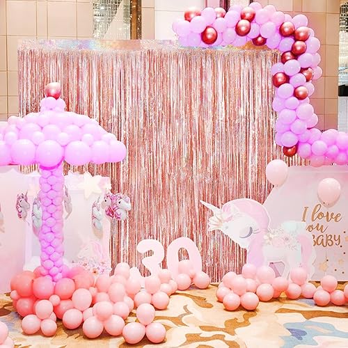 Miniatura 4 de Cortinas de flecos metálicos de oropel de oro rosa, paquete de 2 cortinas de fiesta de 3.3 x 8.3 pies para decoraciones de fiesta de cumpleaños,