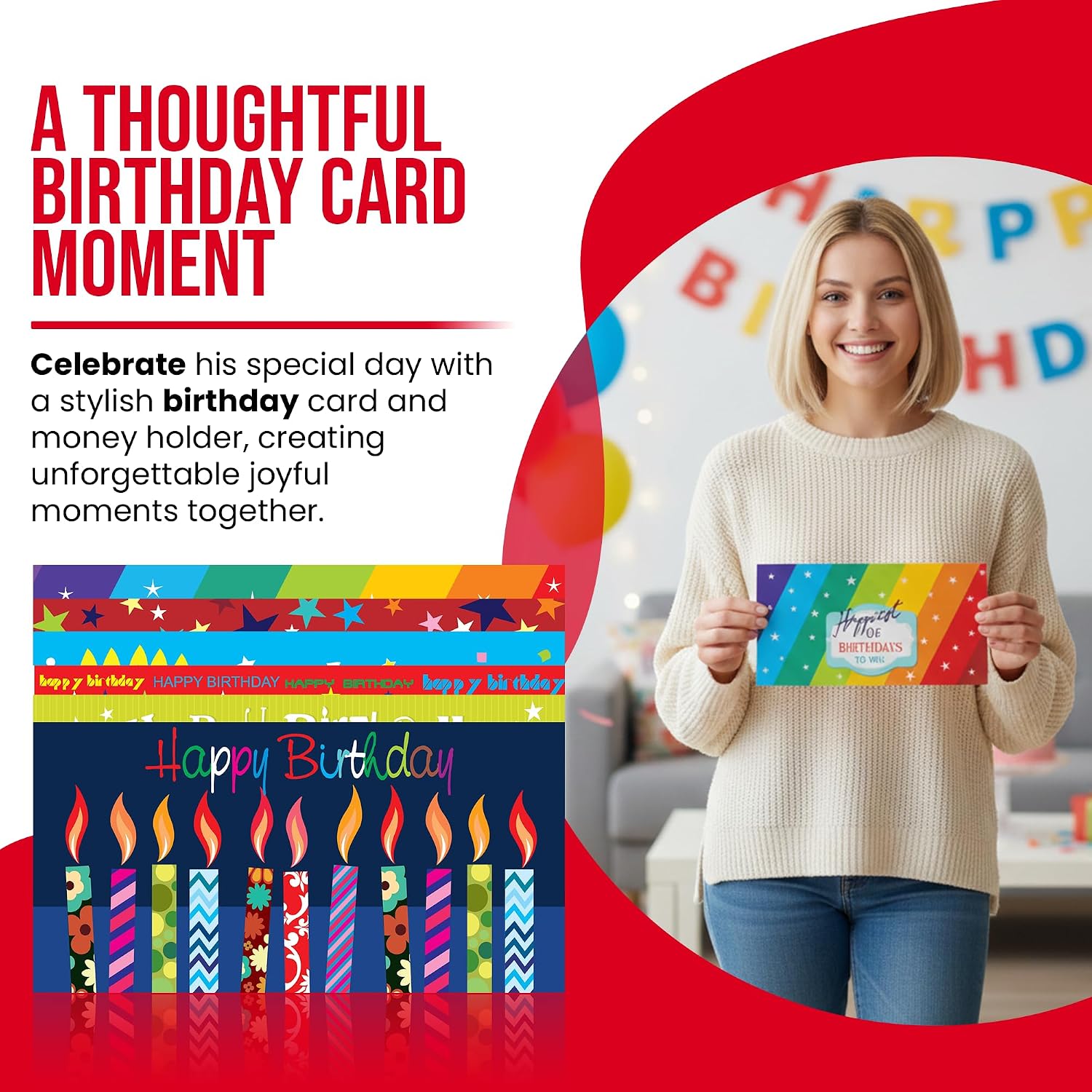 Iconikal 24-Pack Gift Card Money Holders with Envelopes 6 Happy Birthday Designs 6.75x3.25-Inch Trifold Cash Check Holder Party Favors Bulk Pack