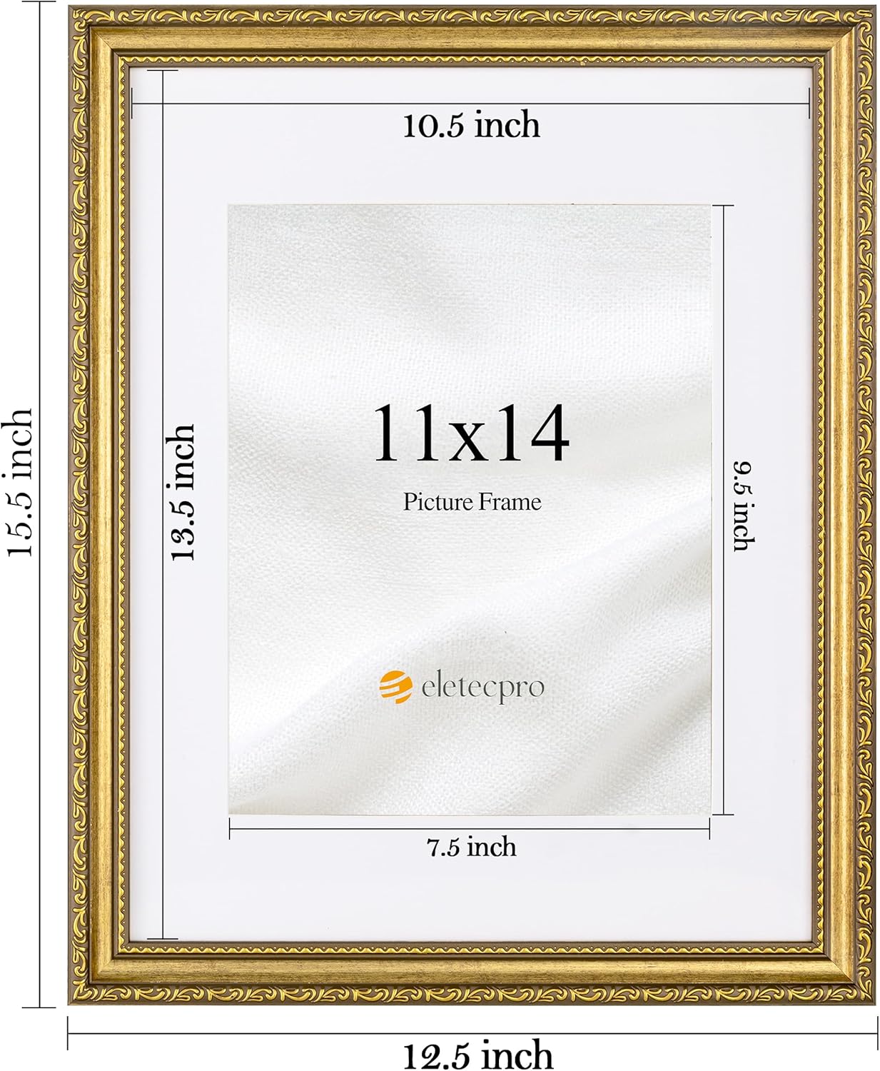 eletecpro 11x14 Picture Frames Set of 4, Vintage Photo Frame with Glass, Gold Frames 11 x 14 Display 8x10 Photo with Mat or 11x14 without Mat for Tabletop or Wall Decor, Gold