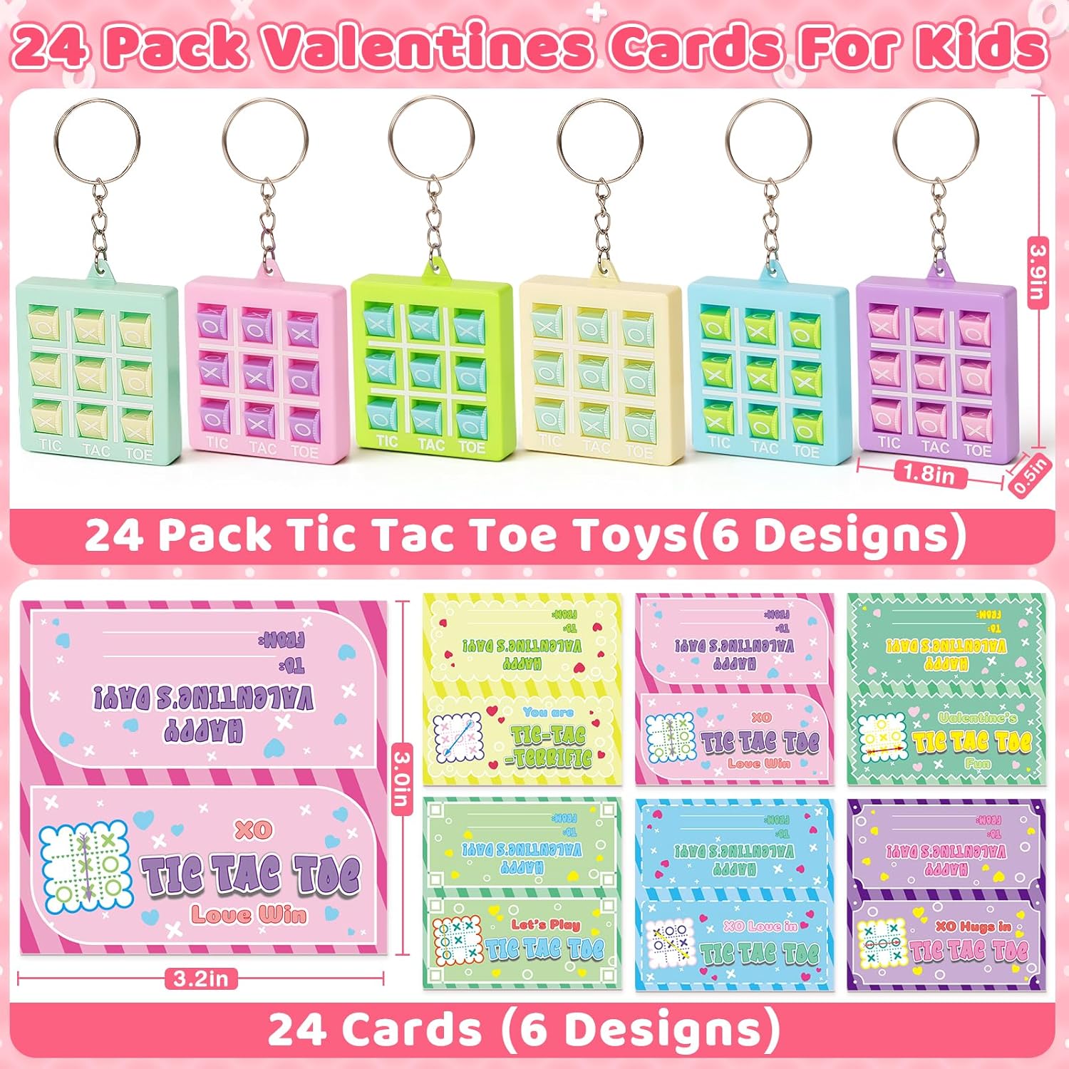 Valentines Day Cards for Kids School, 24 Packs Valentines Day Gifts with Tic Tac Toe Keychains, Ideal Kids Exchange Gifts for Classroom, Perfect Valentines Party Favors for Kids Boys Girls
