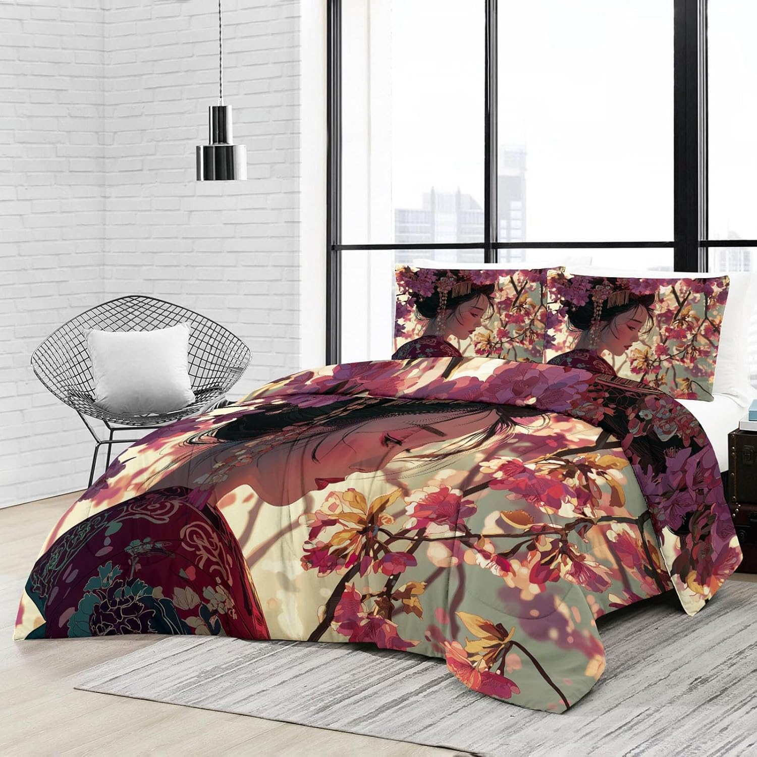 Art Kimono Cherry Blossoms Comforter Set Queen Size, Red Bedding for Kids Boys Girls, Duvet Soft Warm Bedding Sets Bedroom Decor 3Pcs