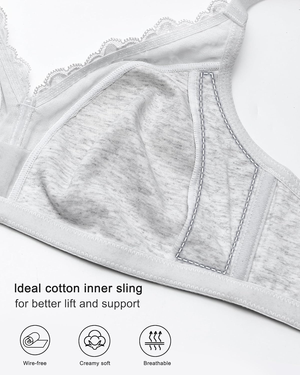 DotVol Women's Plus Size Lace V-Neckline Cotton Non Padded Wirefree Comfort Everyday Bra - Image 5