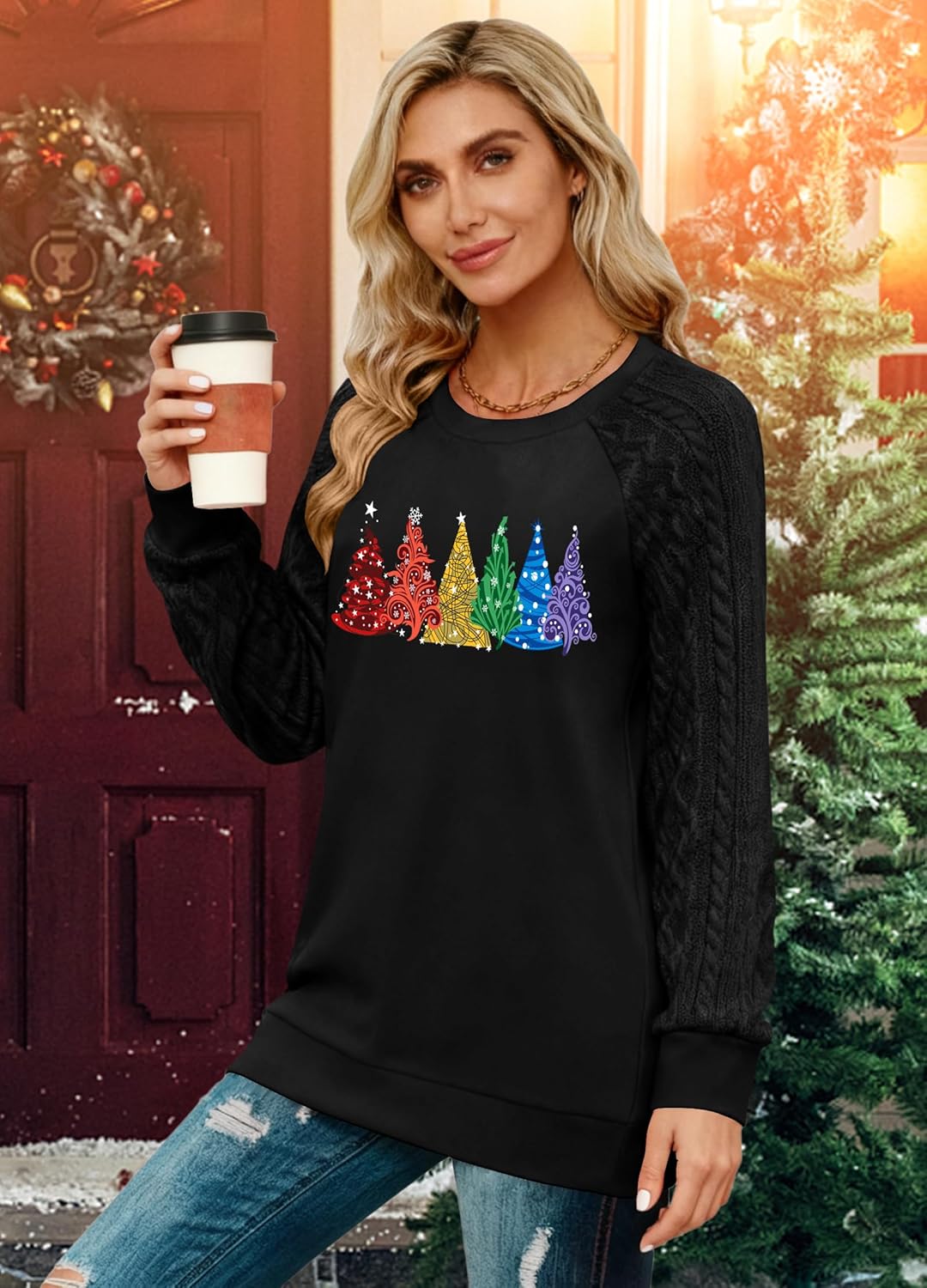 LHBNK Christmas Shirts for Women: Merry Christmas T-Shirt Xmas Buffalo Plaid Long Sleeve Casual Holiday Tops - Image 3