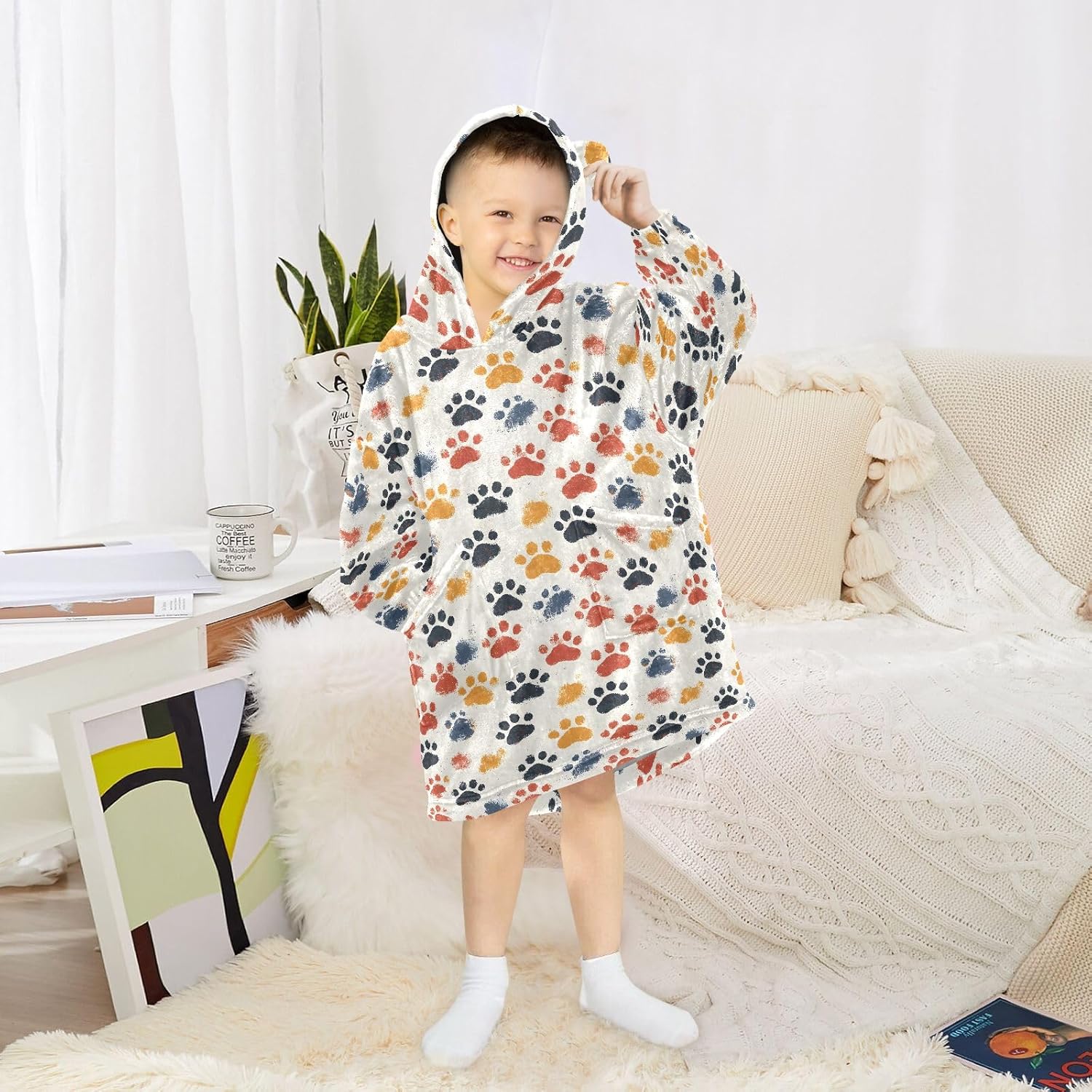 Colorful Paw Print Pattern Wearable Blankets for Kids, Soft Warm Cozy Blanket Hoodie for Boys Girls with Pocket