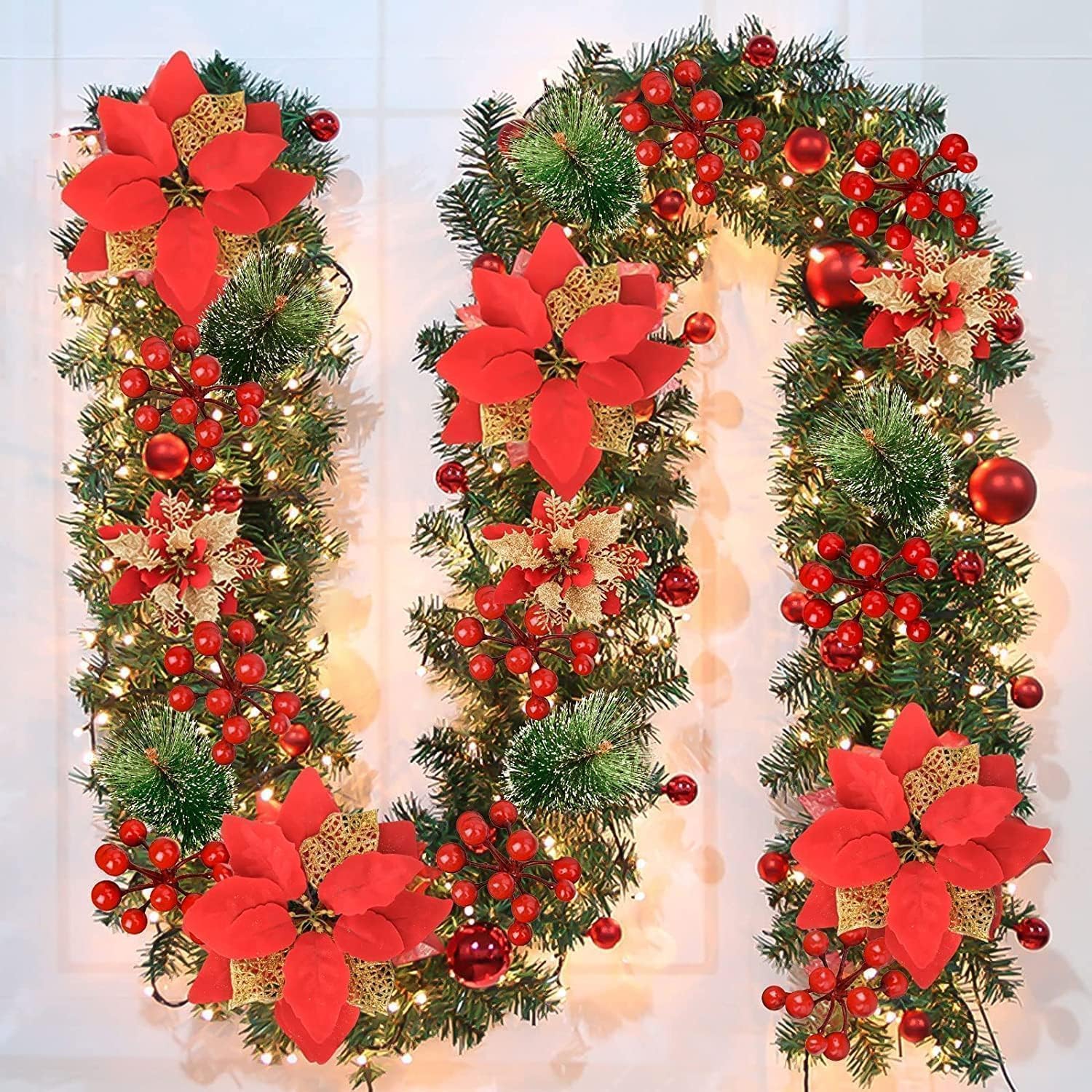 Christmas Garland with Illumination - Christmas Garland - 270cm Christmas Garland Christmas Wreath Fir Garland Christmas Decoration Illuminated Artificial Christmas Decoration (Red)