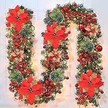 Christmas Garland, 2.7 m Christmas Wreath, 200 Branches, with Red Berries and White Pine Needles, Christmas Decoration for Fireplace with Garden Steps (Red)