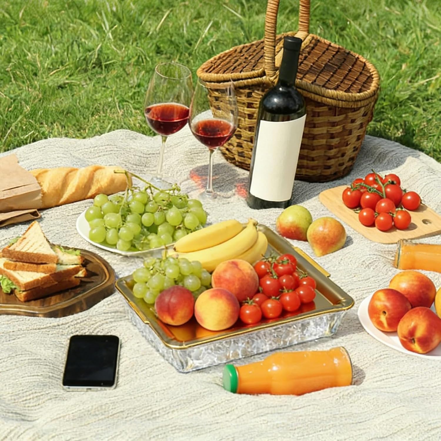 Baderke 2 Sets 11.81" Chilled Serving Tray for Christmas Parties Ice Chilled Party Platter Charcuterie Serving Board Cold Dish Dip with Forks Tongs for Fruit Seafood Vegetable Appetizer (Gold)