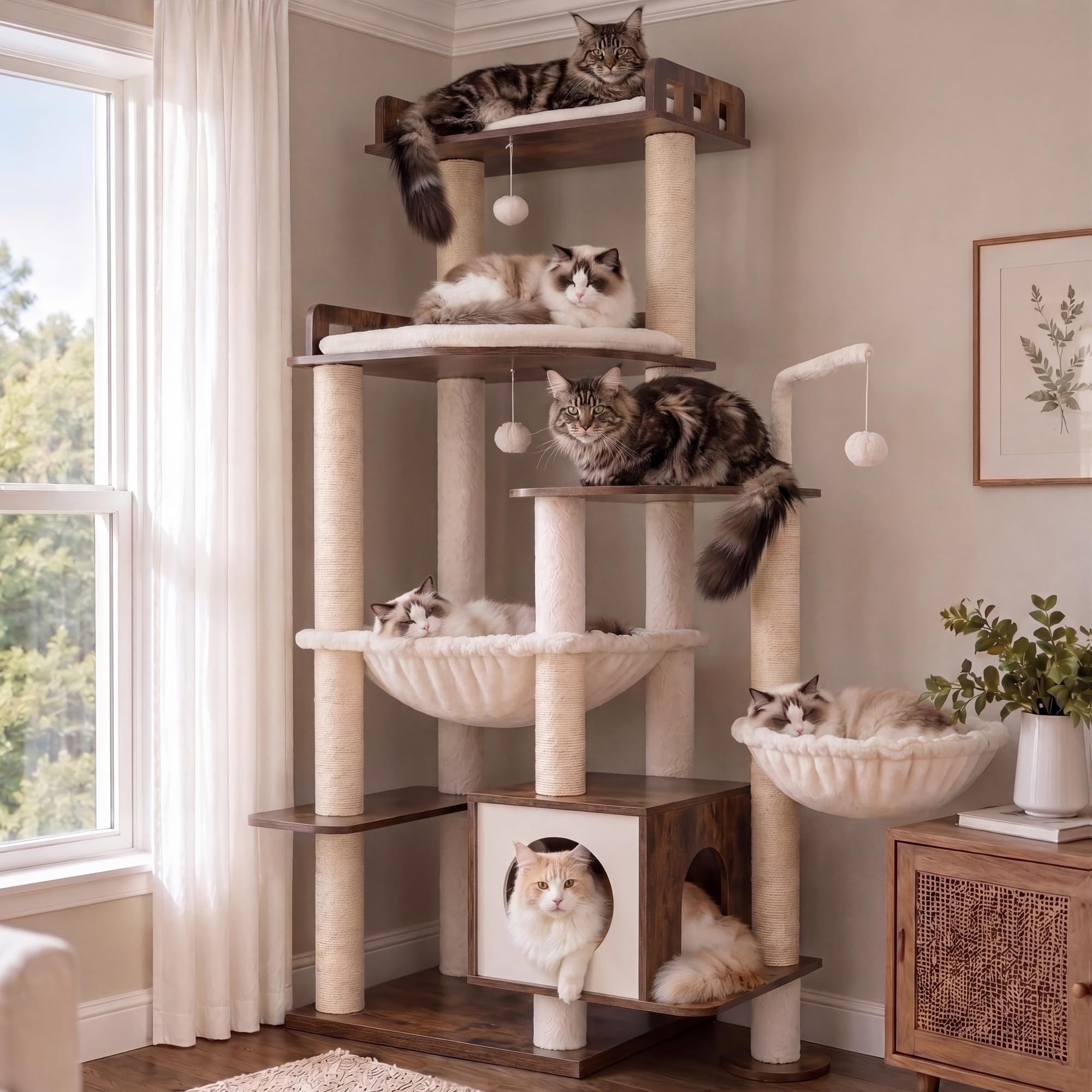 Heybly Árbol rascador para Gatos en Madera, 179 cm de Altura, con Plataforma Grande, Postes Rascadores de Sisal, Casita para Gatos y Hamaca, Montaje Sencillo, Marrón Vintage HCT121SR