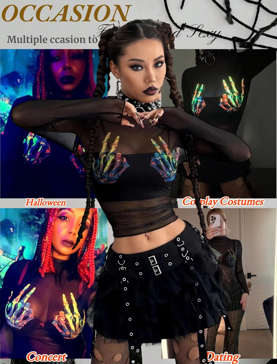 Mesh Long Sleeve Tops for Women Mock Neck See Through Fitted Sexy Going Out Top(Halloween,X-Large) - Image 5