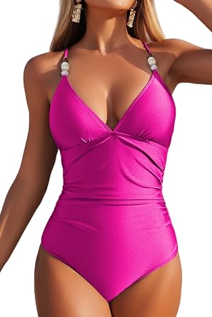 Womens One Piece Tummy Control Swimsuit with Beaded Straps