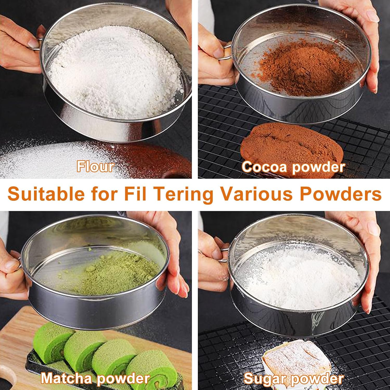 Flour Sifter for Baking 2 Pack, Round Flour Sifter Stainless Steel 6 Inch 60 Mesh and 8 Inch 40 Mesh Sieve Fine Meshs Flours Sieve Set for Baking Cake Bread Pastries