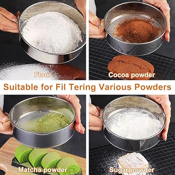 Flour Sifter for Baking 2 Pack, Round Flour Sifter Stainless Steel 6 Inch 60 Mesh and 8 Inch 40 Mesh Sieve Fine Meshs Flours Sieve Set for Baking Cake Bread Pastries