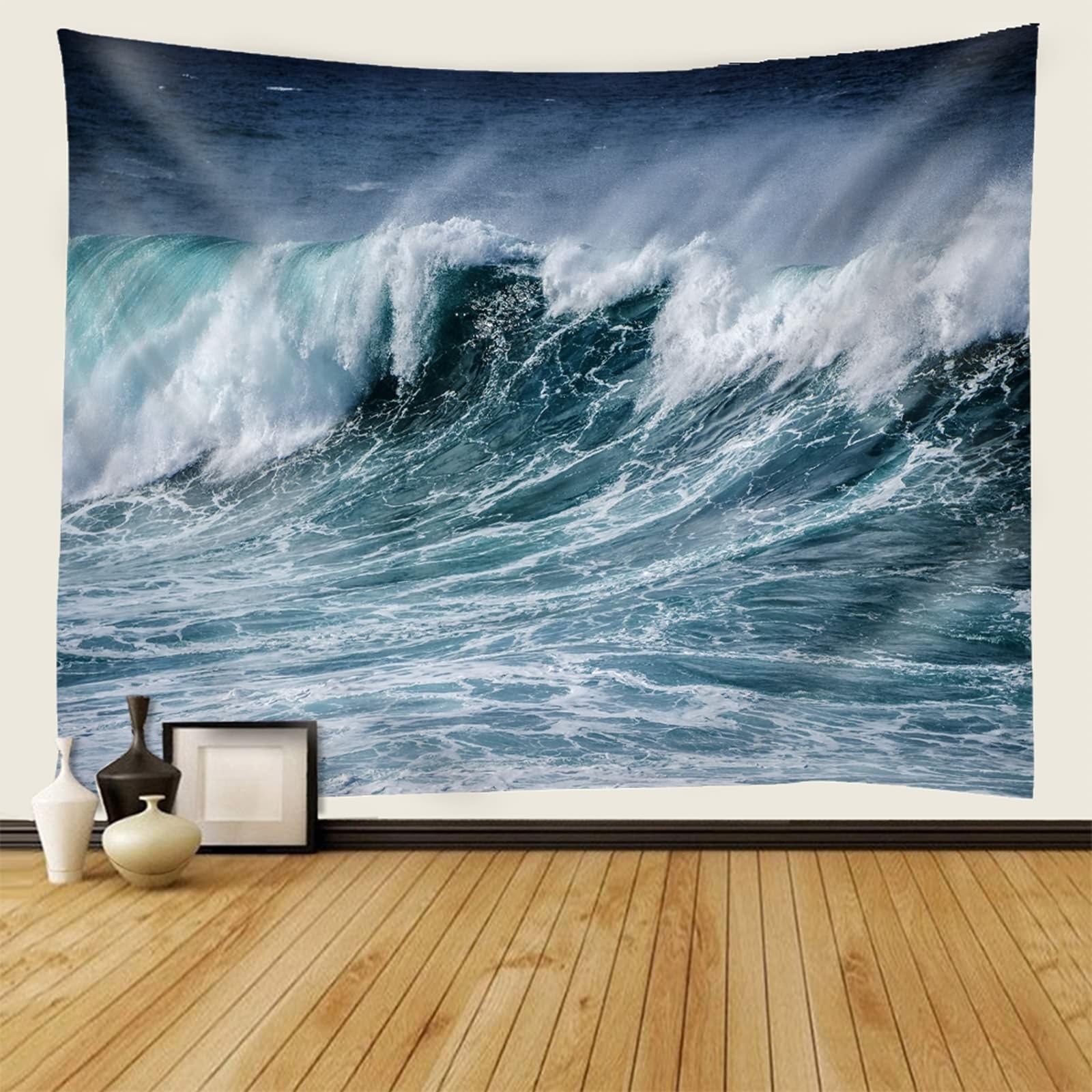 Tapiz gris tela de pared blanca XL Olas del océano Microfibras para el dormitorio, salón, oficina, apartamento, 300 x 256 cm (Ancho x Alto)