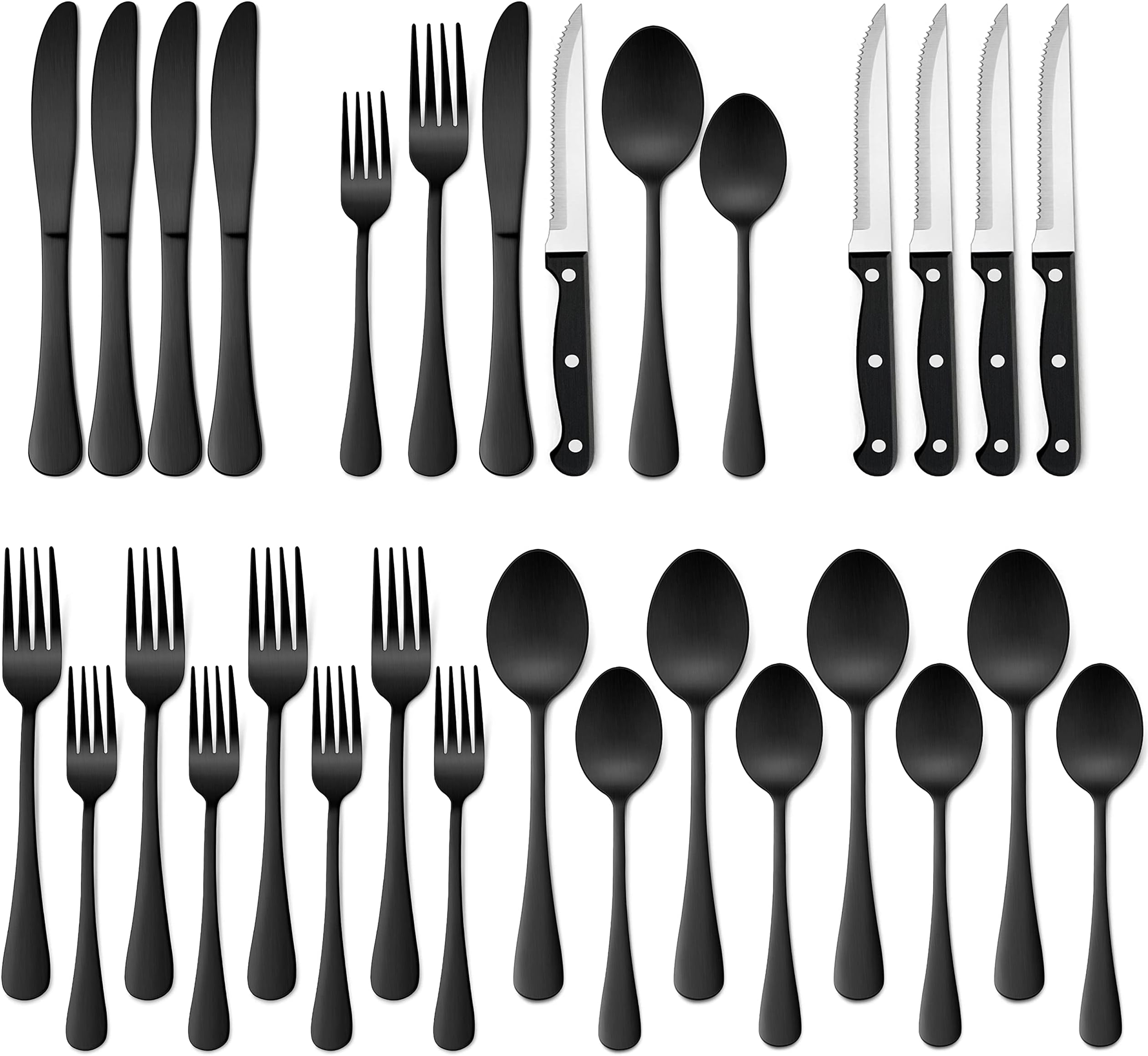 Homikit 24-Piece Matte Black Silverware Set with Steak Knives, Stainless Steel Flatware Cutlery Set for 4, Fancy Eating Utensils Tableware Include Knives Forks Spoons for Home Party, Dishwasher Safe