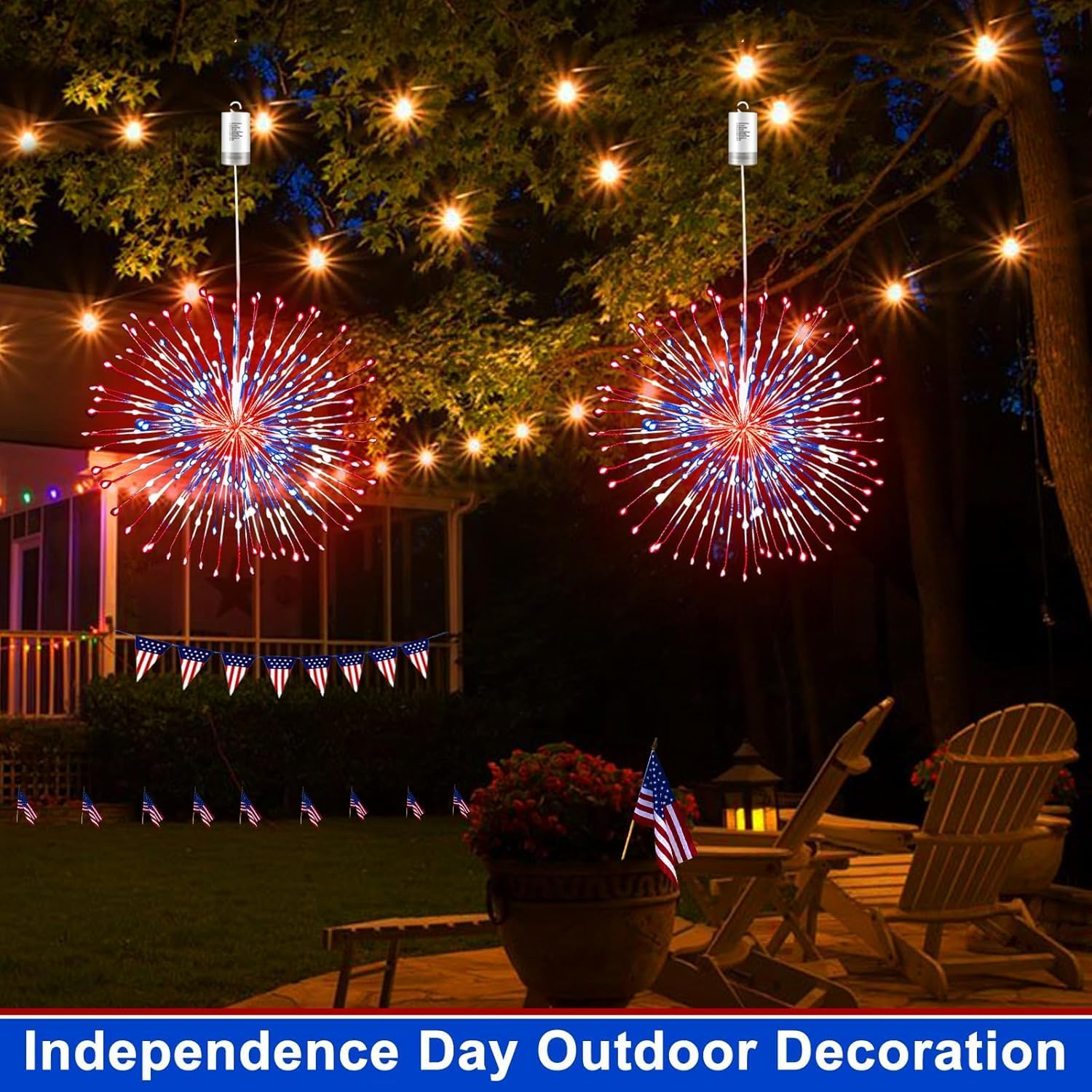 2 Pack 250th Anniversary 4th of July Decorations, Patriotic Lights with Timer & 8 Modes Remote 360 LED Red White Blue Firework Lights, Waterproof Starburst Light for Independence Day Memorial Day