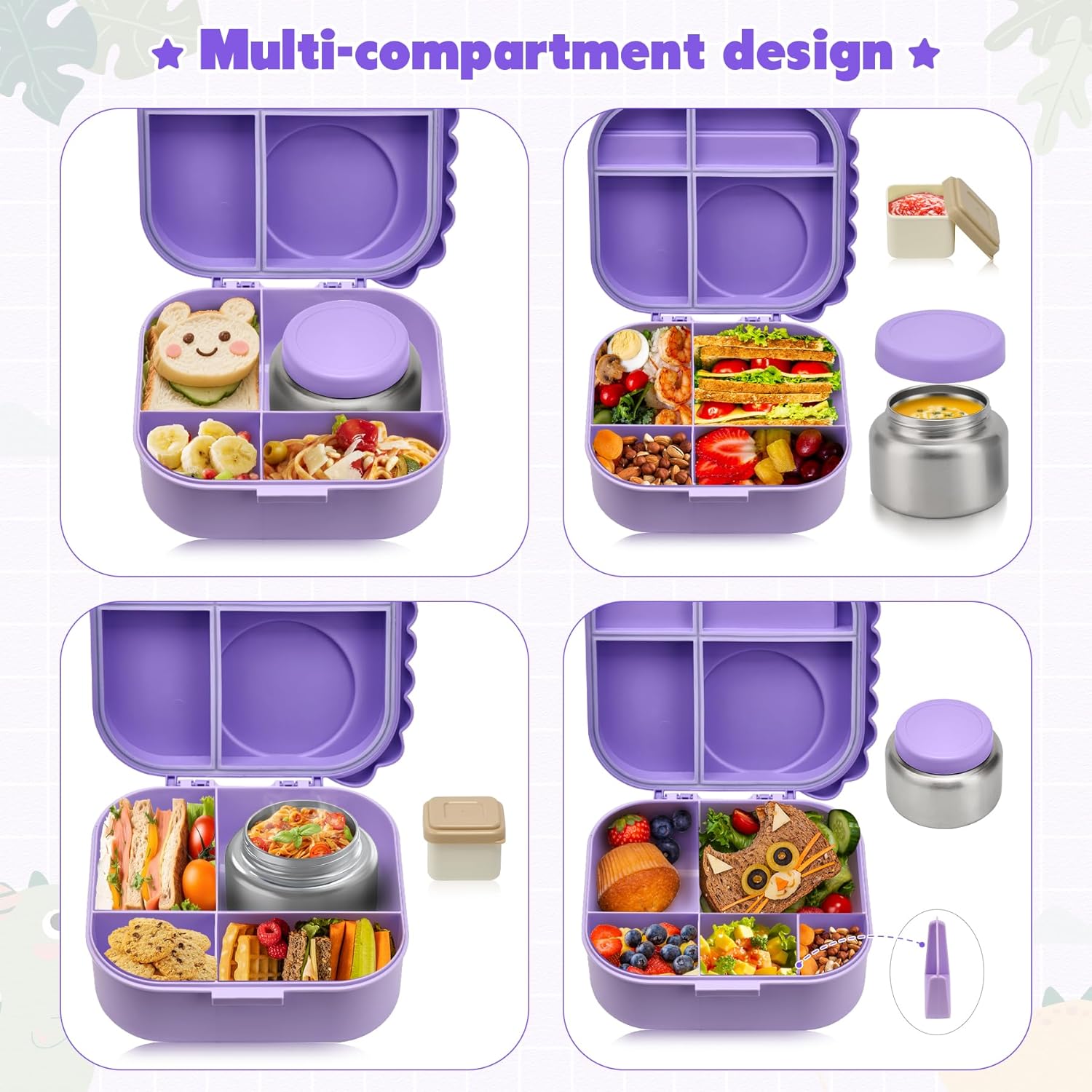 Bento Lunch Box with Thermo, 4-Compartment Bento Box with Adjustable Dividers, Leakproof Dinosaur Lunch Box with 14.2OZ Insulated Food Jar & Sauce Jar, for School Office Travel (Purple) - Image 4