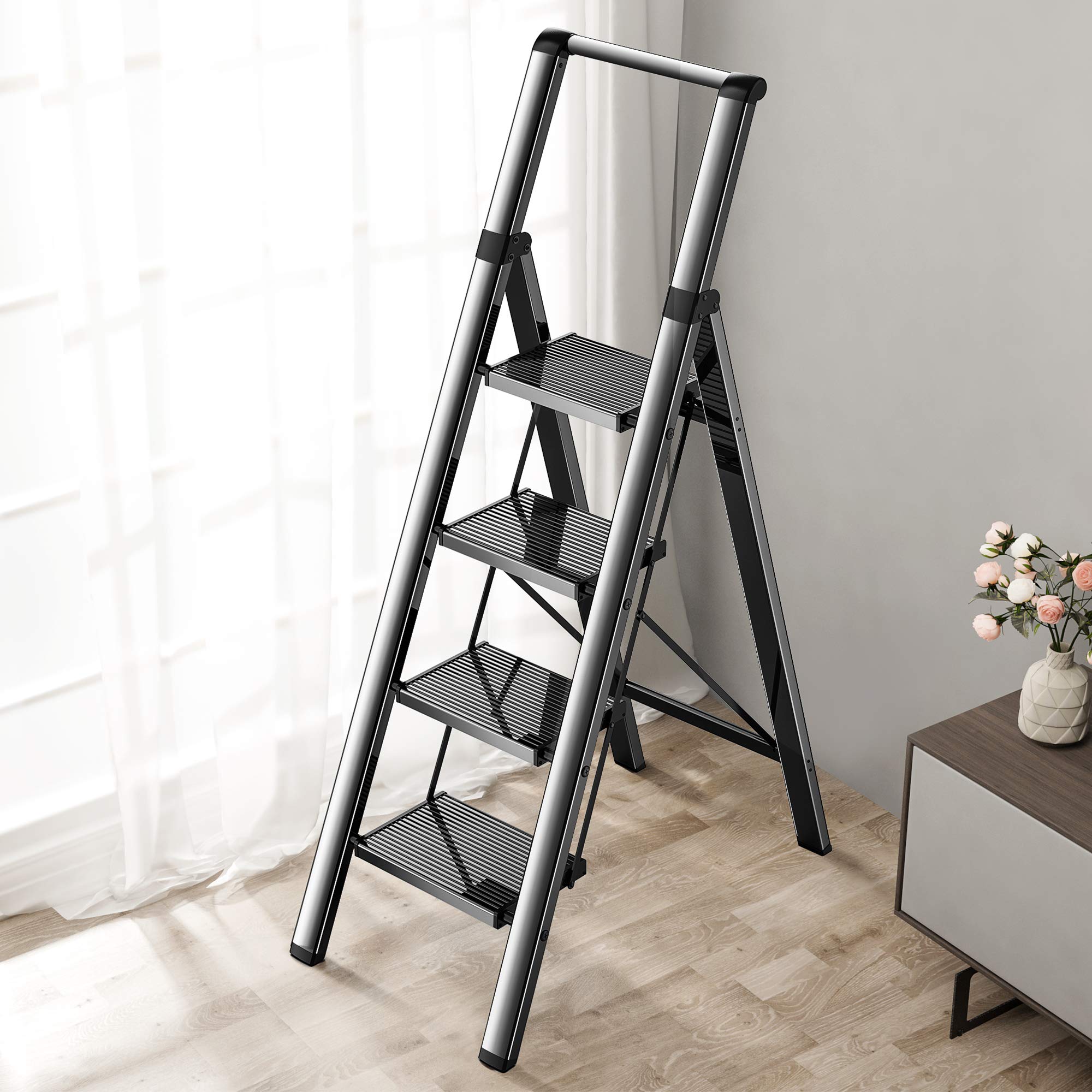 4 Steps Lightweight Aluminum Ladder Folding Step Stool Stepladders with Anti-Slip and Wide Pedal for Home and Kitchen Use Space Saving (Black)