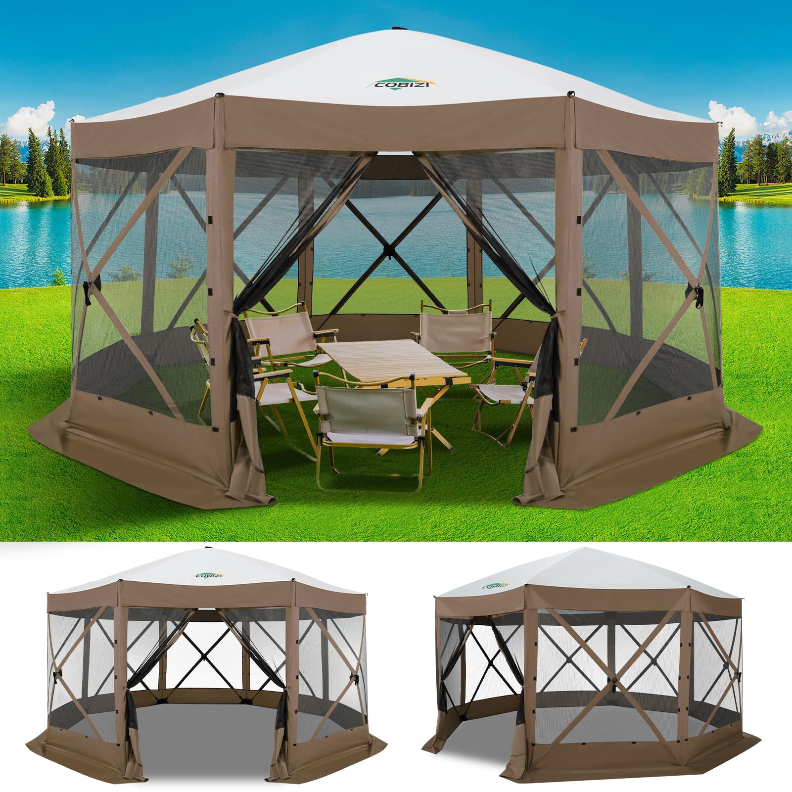 COBIZI 15x15 FT Pop Up Gazebo - Canopy Tent, Large Gazebos On Clearance,Instant Screened in Gazebo,carpas para Patio,Portable Screen Tents for 12-15 Persons Outdoor Camping, Backyard, Brown