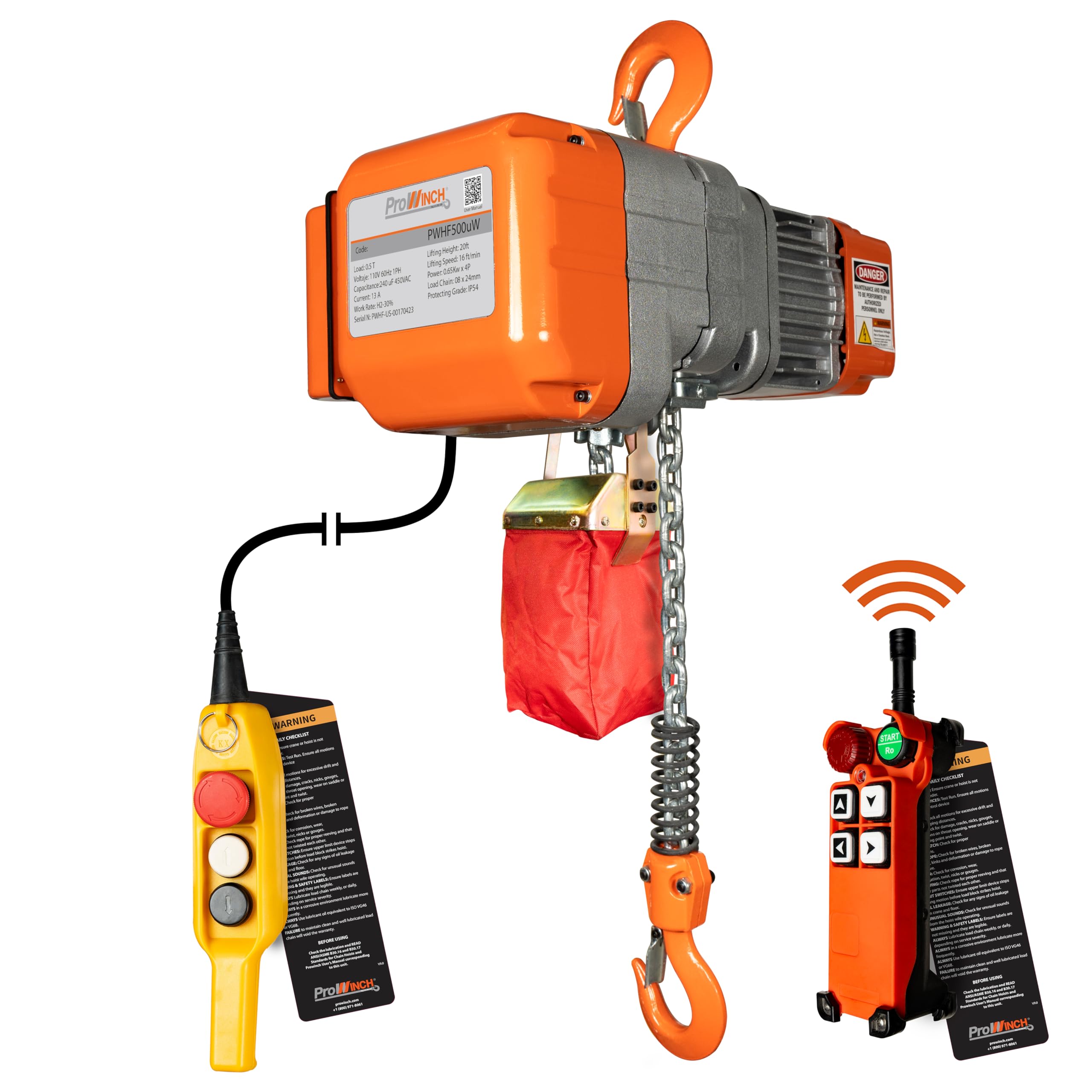 Prowinch 1/2 Ton 1100 lbs Electric Chain Hoist 110V 120V with Wireless Remote Control, H2 Heavy-Duty, 1-Phase with Electromagnetic Safety Brake for Medium Lifting Tasks in Residential, Industrial Use