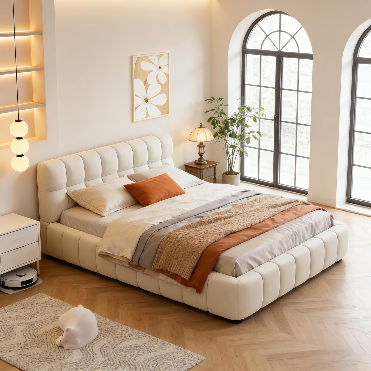 Fofetbfo Upholstered Bed 140 x 200 cm Double Bed with Bed Box Bubble Bed Youth Bed with Slatted Frame and Padded Headboard Flat Bed Guest Bed Linen Beige without Mattress Beige 140 x 200 cm
