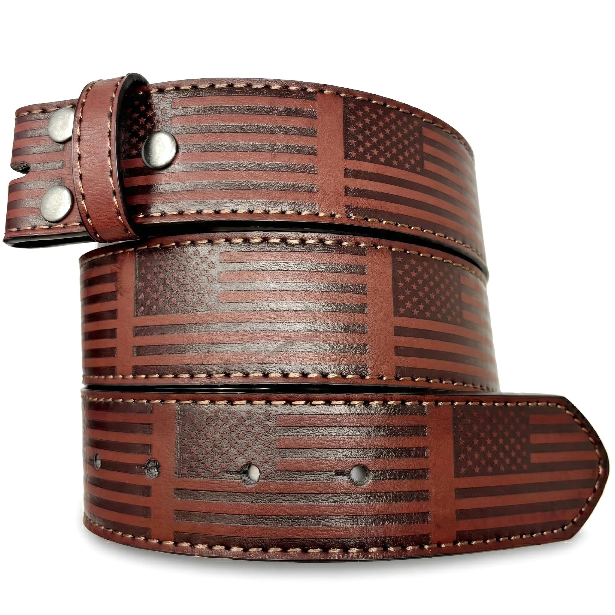 Leather Belt Strap with American Flag Embossed Pattern 1.5" Wide with Snaps - USA Patriotic Stars and Stripes
