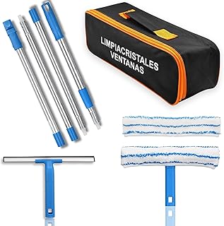 Limpiacristales Telescopico con Rasqueta Limpiacristales + Paños Microfibra | 2 Cabezales Intercambiables con Palo Extensible | Ideal Ventanas Altas, Mamparas y Coche | Incluye Bolsa para Guardar