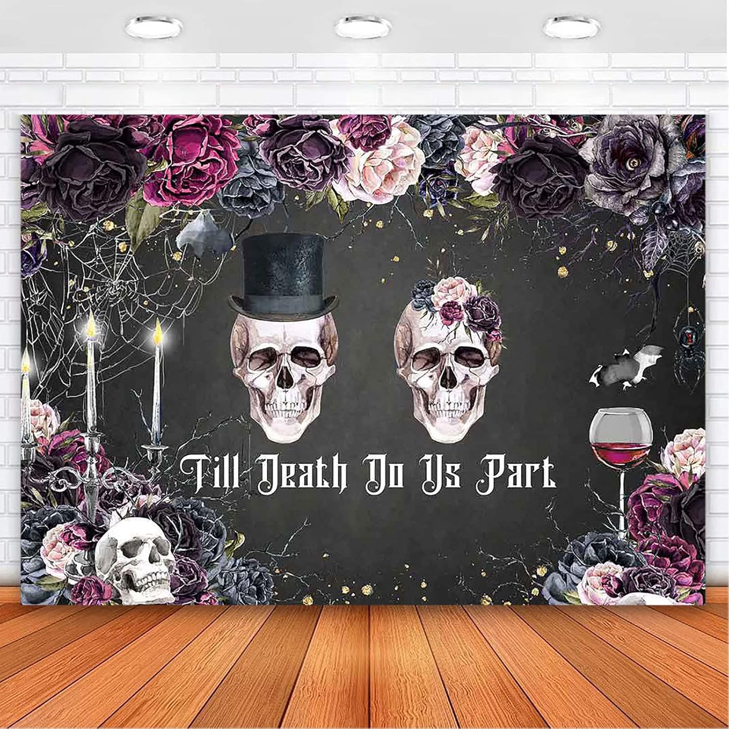 Avezano Halloween Till Death Do us Part Backdrop Spooky Skull Wedding Bridal Shower Background Bride and Groom Mr and Mrs Anniversary Birthday Party Backdrops Photoshoot Props Banner