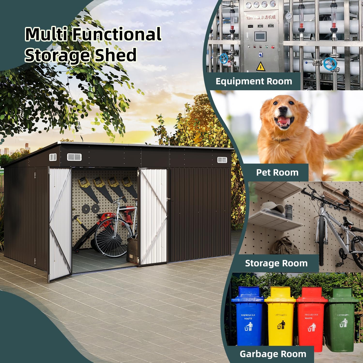 12x8ft Black Metal Tool Shed with Triple Lockable Doors, Heavy-Duty Weatherproof Outdoor Storage for Tools, Equipment, Bikes & Garden Supplies