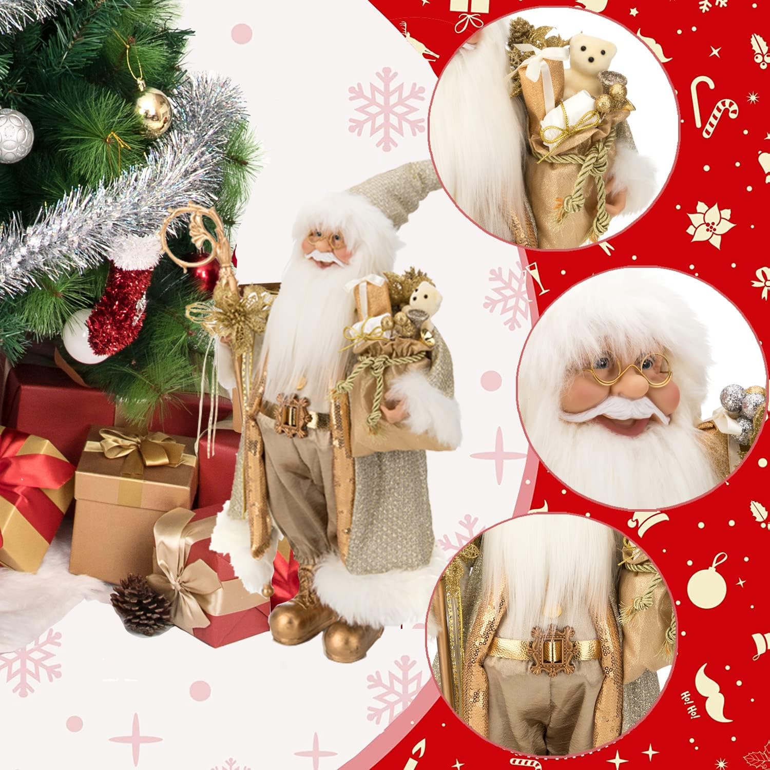 GEDLIRE 18 inch Christmas Santa Claus Figurine, Christmas Ornament Standing Santa Claus Figure Doll Decorations, Xmas Gift for Winter Holiday Party Indoor Home Decor, Gold : Home & Kitchen
