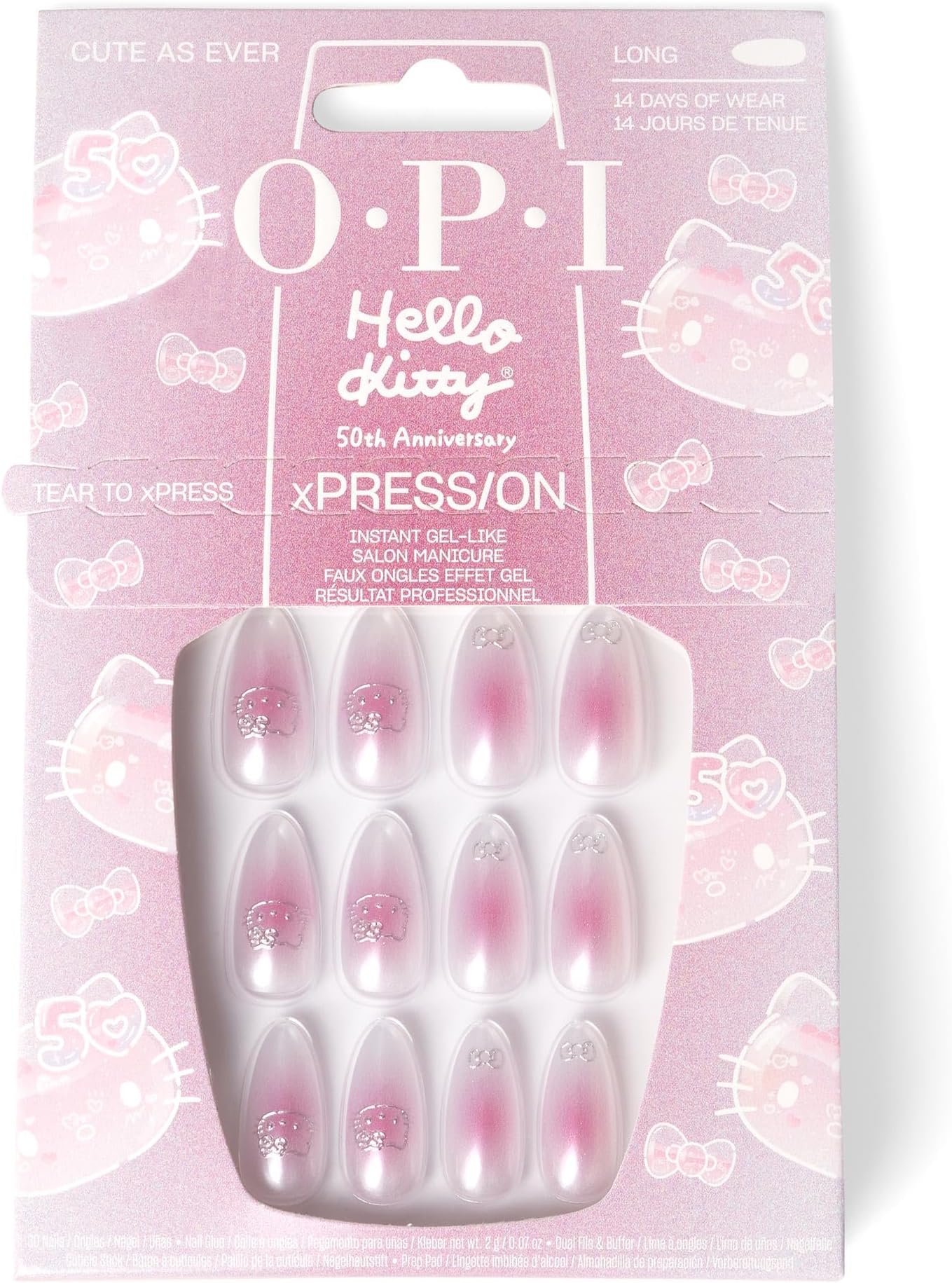 OPI xPRESS/ON Press on Nails | Long Almond Shape Nail Art | 30 Count With Glue | Instant Gel-Like Salon Manicure | Hello Kitty Limited Edition Collection