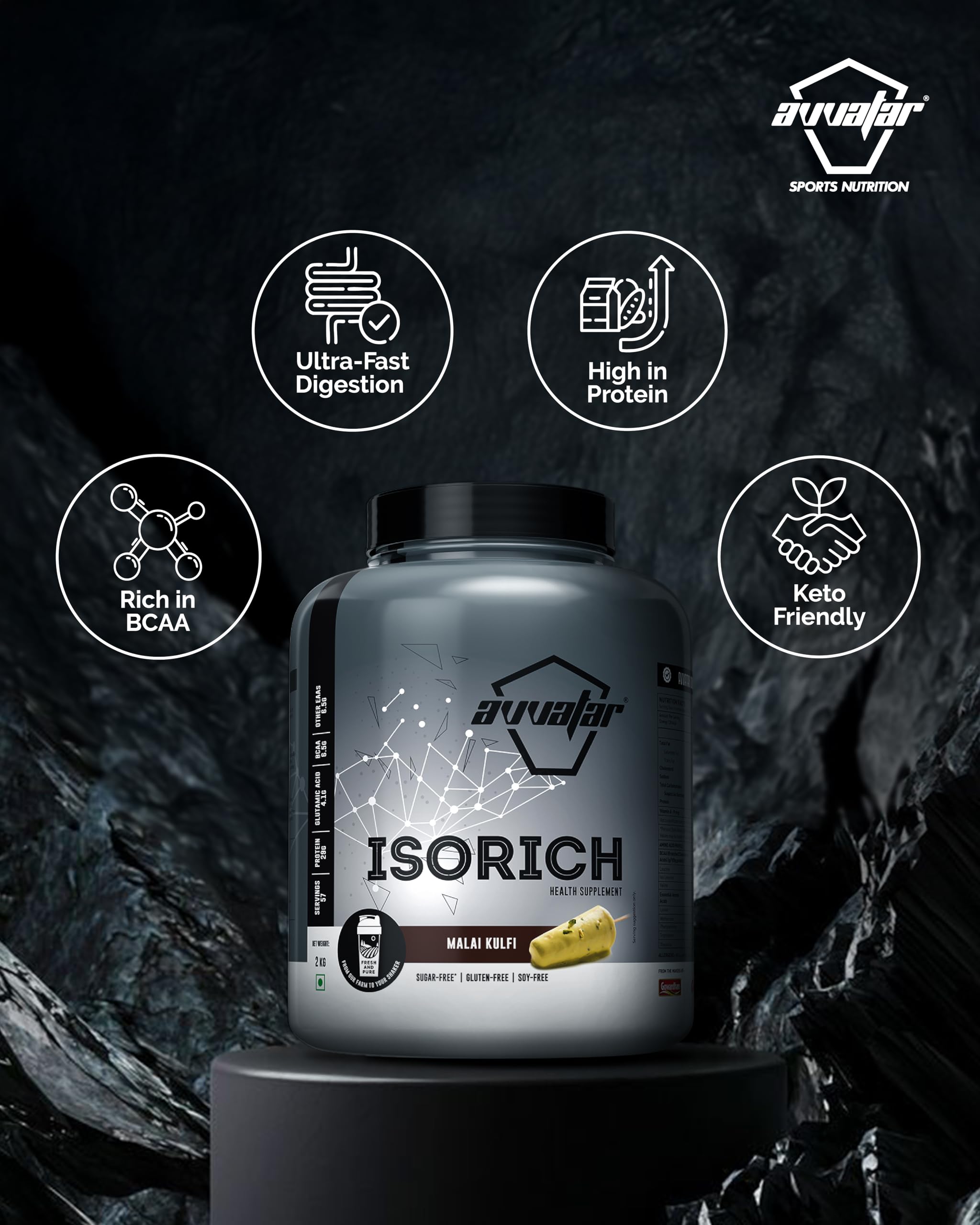 avvatar ISORICH WHEY PROTEIN | 2Kg | Malai Kulfi Flavour | 29g Protein | 57 Servings | Isolate — Amazon image 3