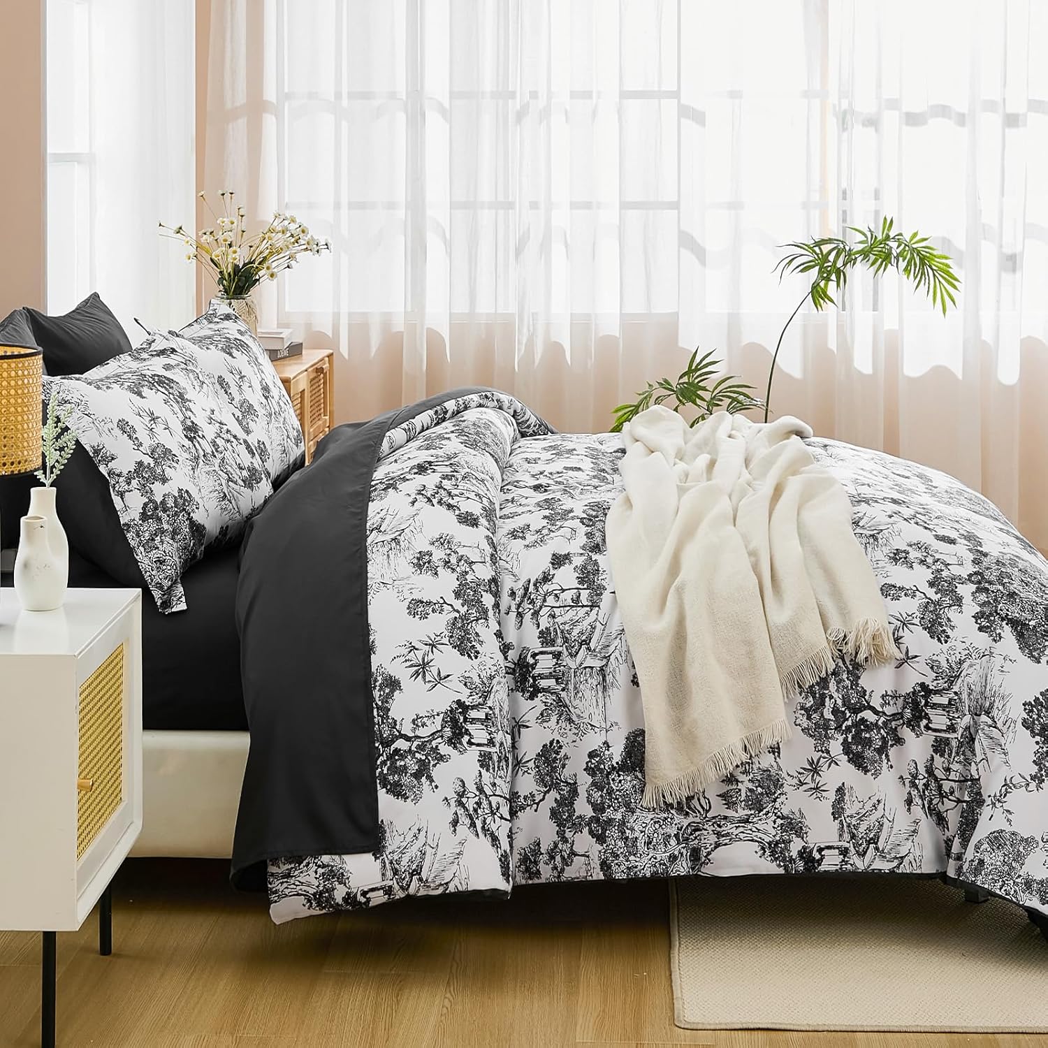DJY Black Comforter Set King, 7 Pieces Black and White Botanical Comforters King Size Elegant Plants Print with Sheets Bed in a Bag Soft Microfiber Reversible Complete Bedding Sets for All Season - Image 3
