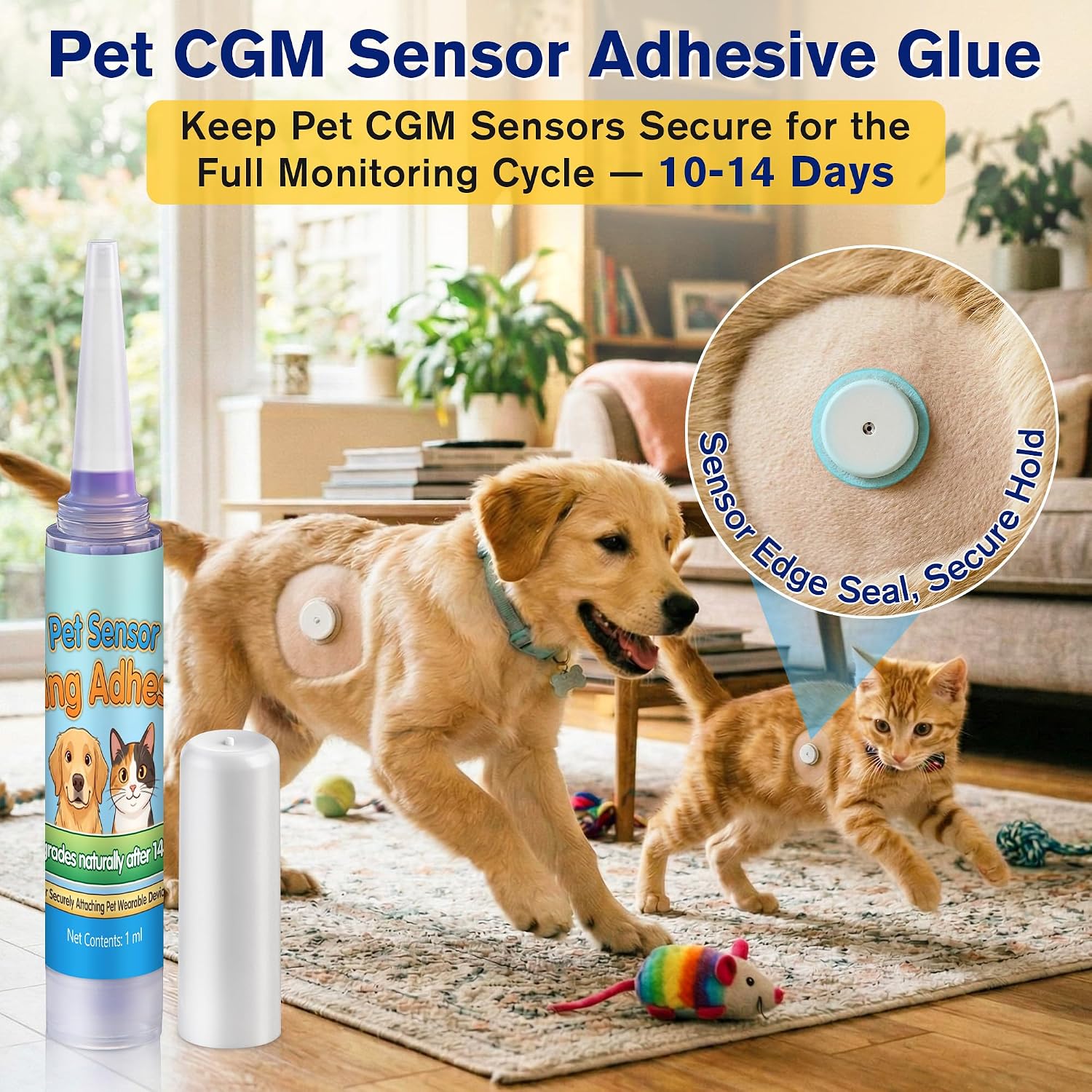 1ml Veterinary Surgical Skin Glue with 10 Applicators, Fast Acting Wound Tissue Glue Sealant, CGM Sensor Adhesive for Pet with Blue Tint for Precise Application, Stay Secure for 10-14 Days
