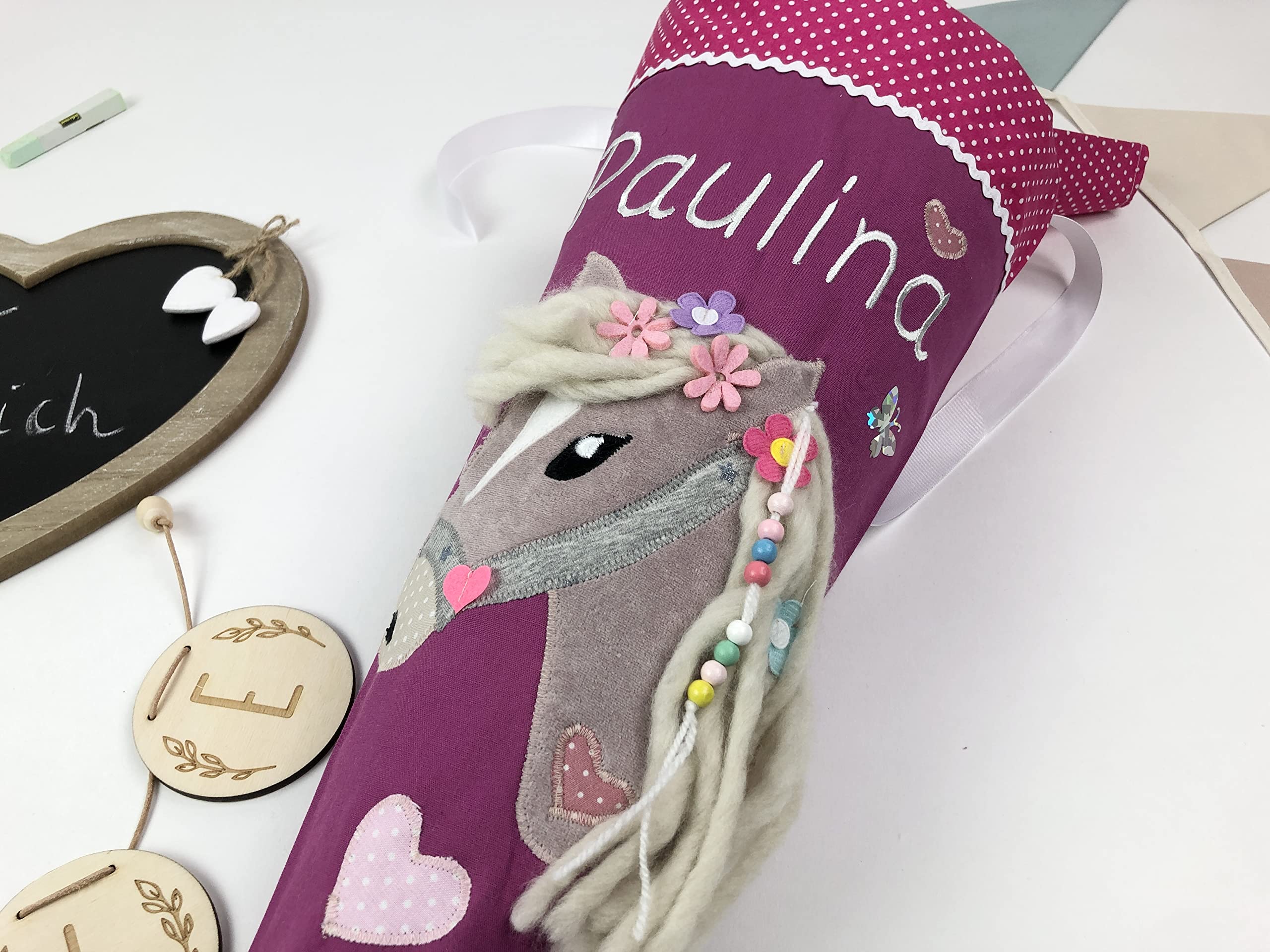 Schultüte/Zuckertüte Pferd mit Namen in bordeaux oder auch anderen Farben möglich, zur Einschulung für Mädchen, aus Stoff, mit Kissen (Schultüte ohne Kissen)