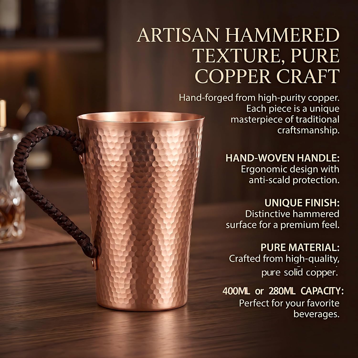 YJX 13.5oz Real Copper Cup, Hammered Pure Copper Tea Cups for Drinking, 100% Copper Moscow Mule Mug with Handle, Ice Water Vessel Suitable for Beer,Cocktails, Coffee, Good Gift for Friends
