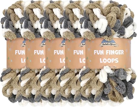 JubileeYarn Fun Finger Loops Yarn - 100g/Skein Jumbo Polyester Team Spirit - Brown Grey White - 5 Skeins