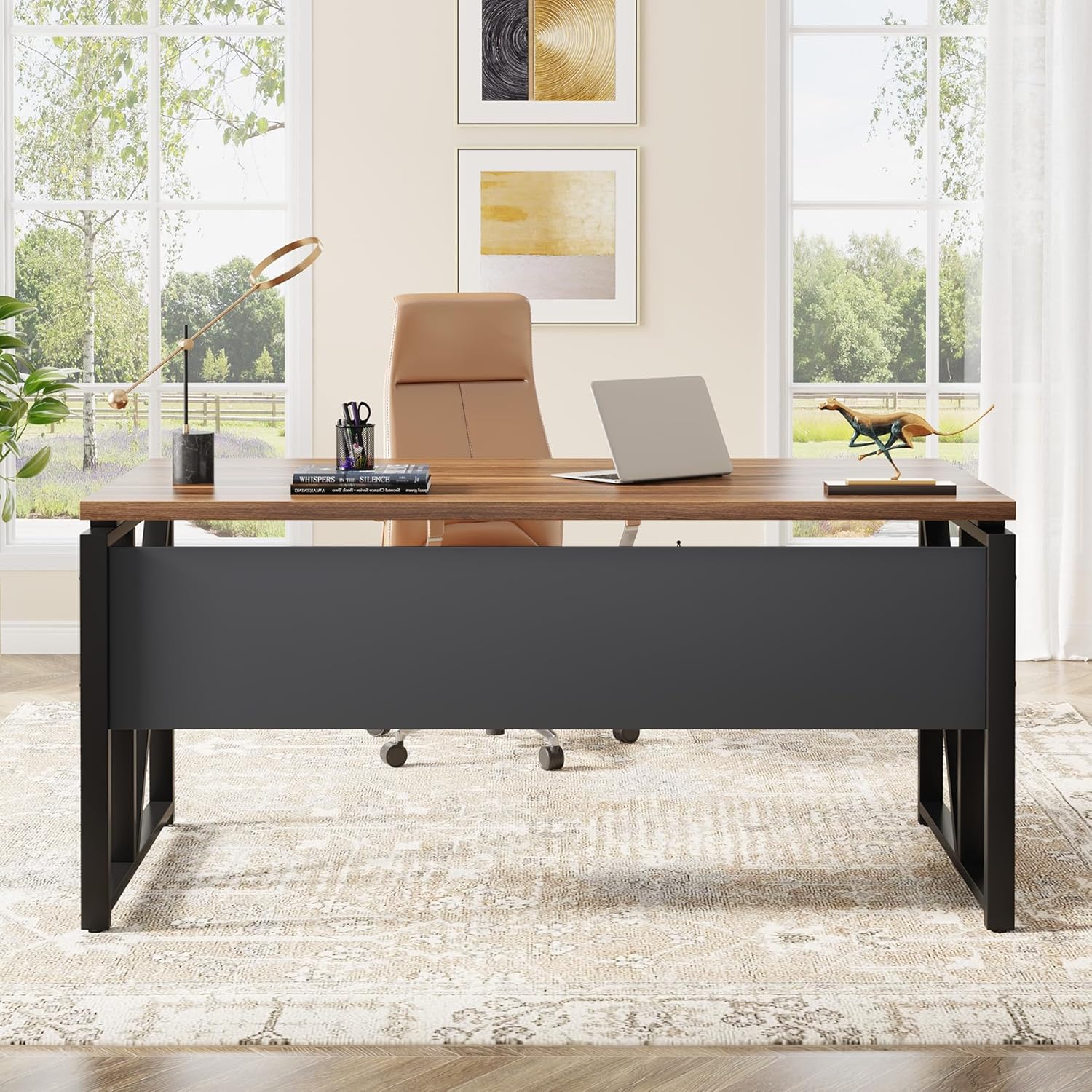 Tribesigns 55 inches Simple Computer Desk,Home Office Desk Writing Table for Workstation,Dark Walnut + Steel Leg， Cabinet not Included (Walnut, 55-inch)