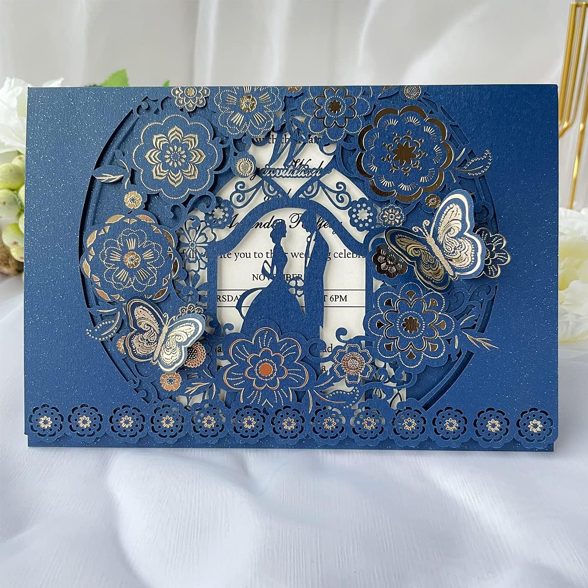 50Pcs 5 x 7.2 Inch Personalized Navy Blue Laser Cut Floral Wedding Invitations with Butterfly and Envelopes Invitation for Engagement Wedding Invite