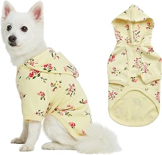 Blueberry Pet Floral Dog Hoodie, Rose Print Pullover Sweatshirt for Medium Dogs, 18" Back Length, Lightweight Spring Outfit in Pastel Yellow