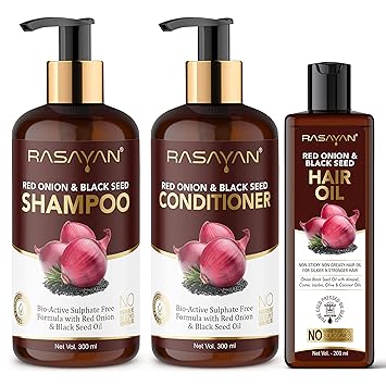 Rasayan Red Onion and Black Seeds No Parabens & Sulphate Shampoo 300ml, Conditioner 300ml , Hair Oil 200ml Combo for Hair Growth, Anti-Hair Fall & Anti-Dandruff, Pack of 3