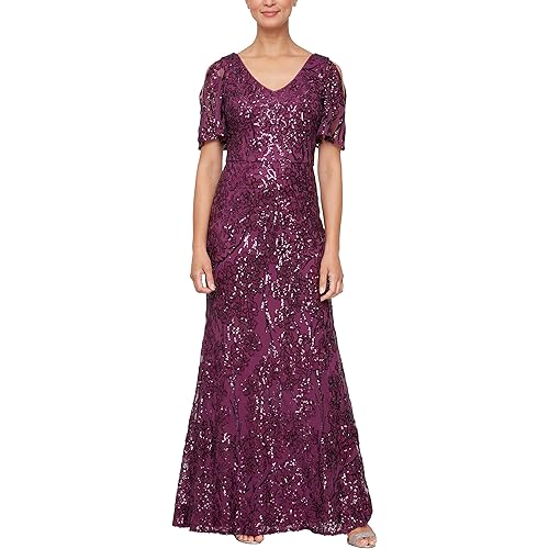 Alex Evenings Women's Sequin Stretch Lace Cold Shoulder Gown