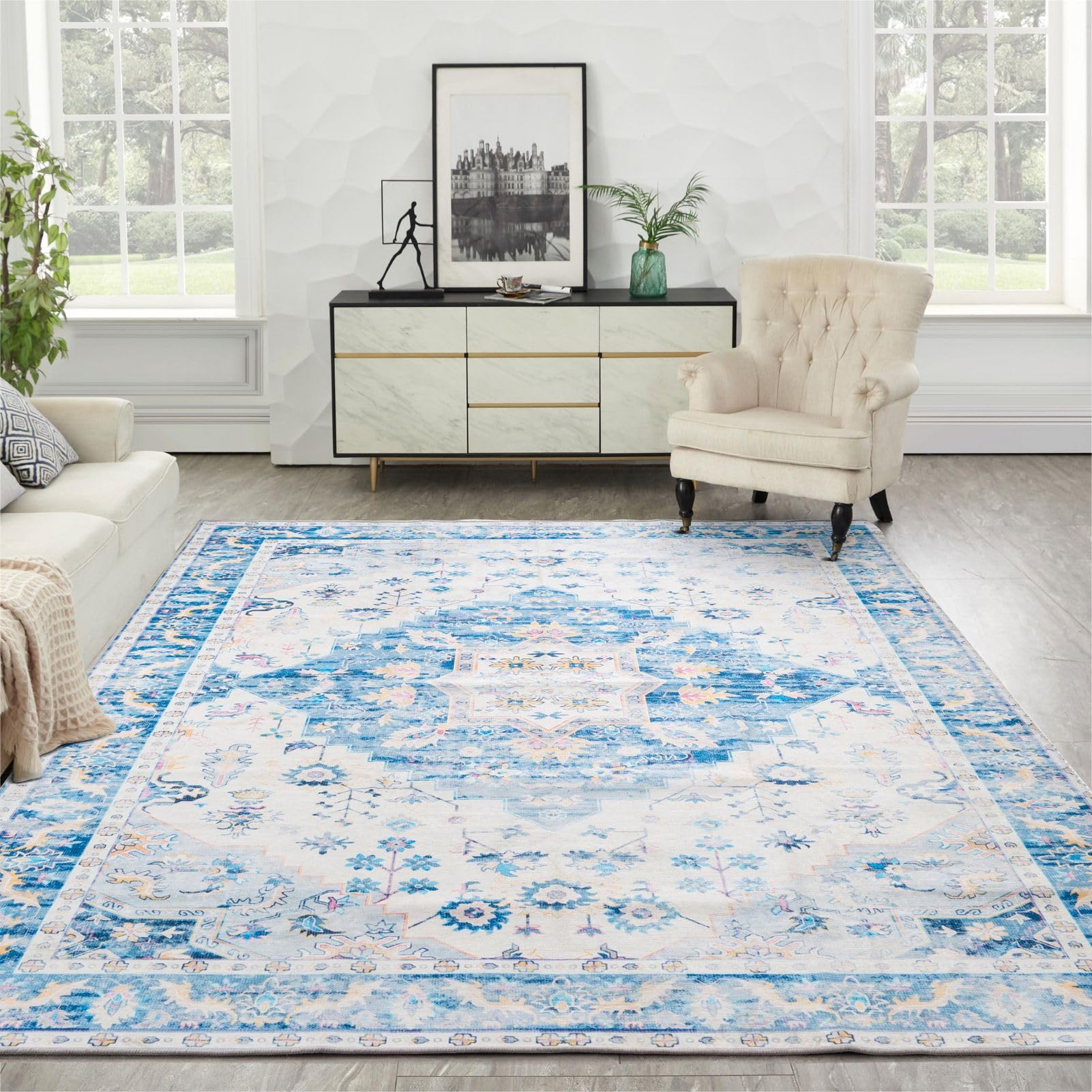 Syalife 6x9 Area Rugs - Washable, Low Pile, Non-Slip for Living Room, Bedroom, Dining Room and Home Office - Non-Shedding Carpet, Blue/Multi