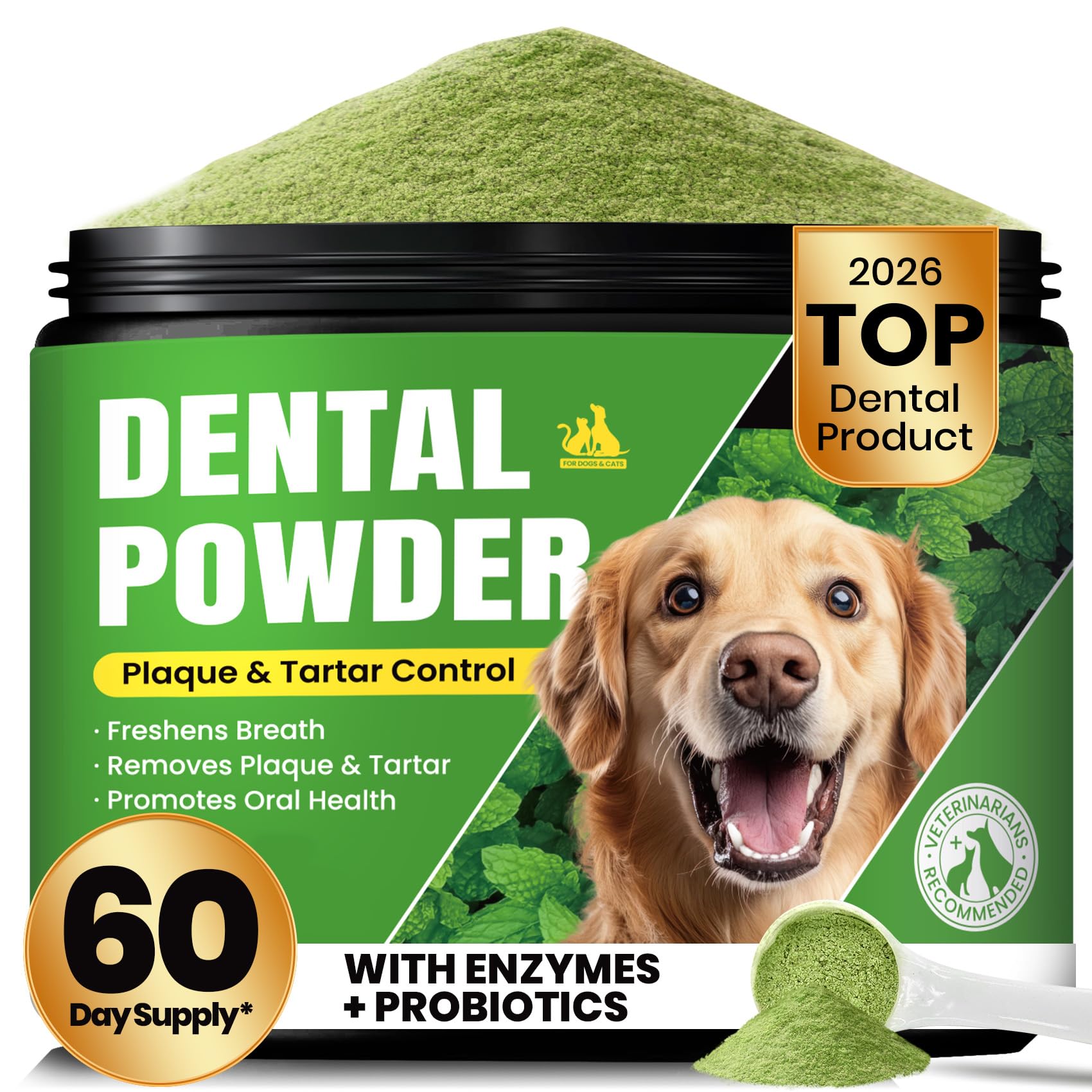 Dog Teeth Cleaning Powder, Dog Dental Powder and Cats Breath Freshener, Plaque Off Pet Tooth Cleaning lab co, Bad Breath & Tartar Remover for Dogs, Dog Teeth Cleaning with Enzymes- 60-Day Supply -Mint