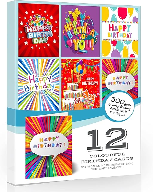 12 x Multipack Birthday Cards & Envelopes by Olivia Samuel. Great value pack comprising 6 different designs (2 of Each). Made in the UK