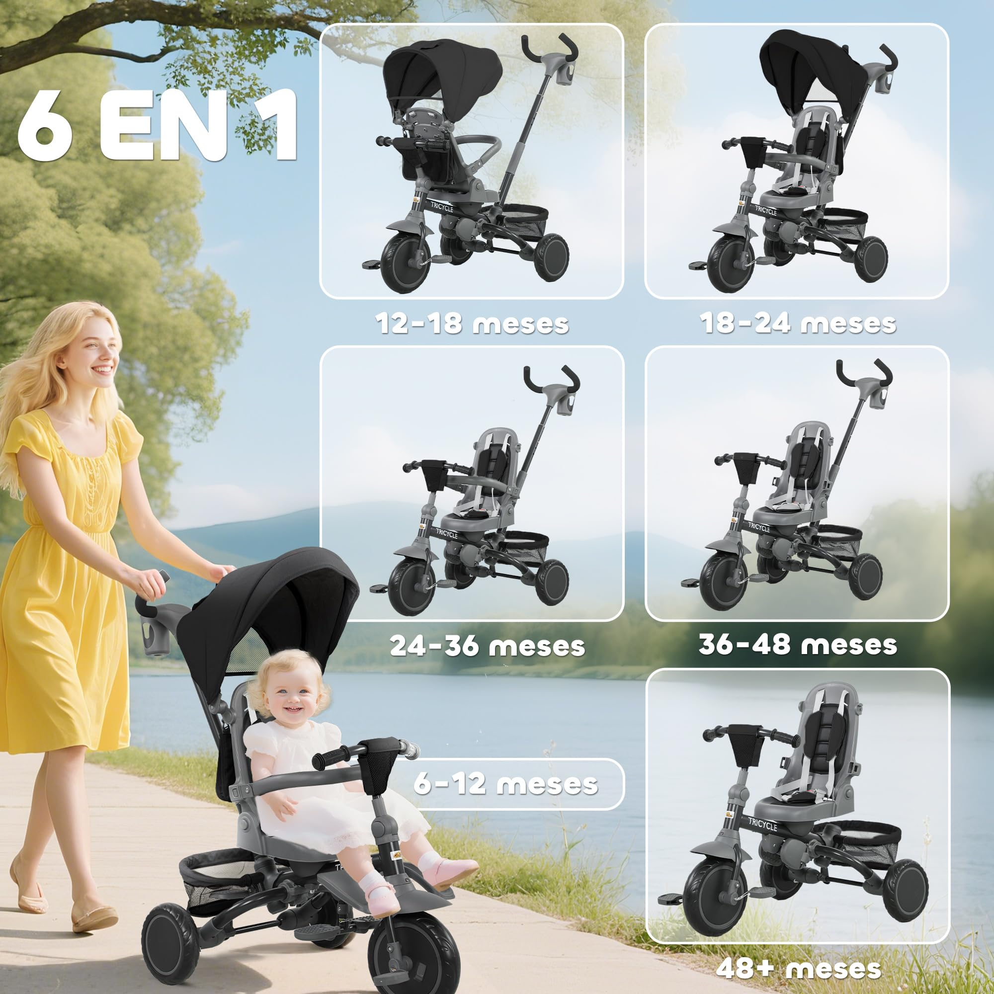 AIYAPLAY 6 in 1 Triciclo Passeggino Bici per Bambini 1-5 Anni Fino 25Kg, Triciclo Pieghevole con Sedile Girevole Fronte Mamma o Strada, Cappottina, Maniglione, Borsa, Ruote e Cintura a 5 Punti, Nero