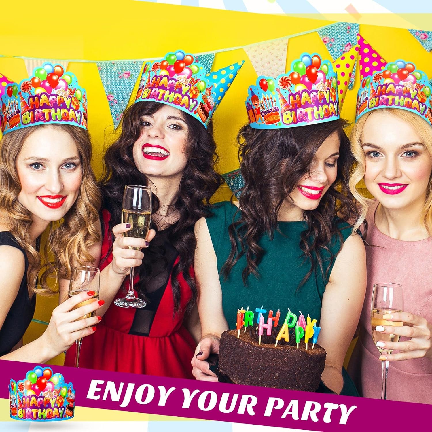 Meooeck 100 Pcs Birthday Crowns for Adults Adjustable Colorful Happy Paper Birthday Hats Bulk Gifts Party Supplies Favors