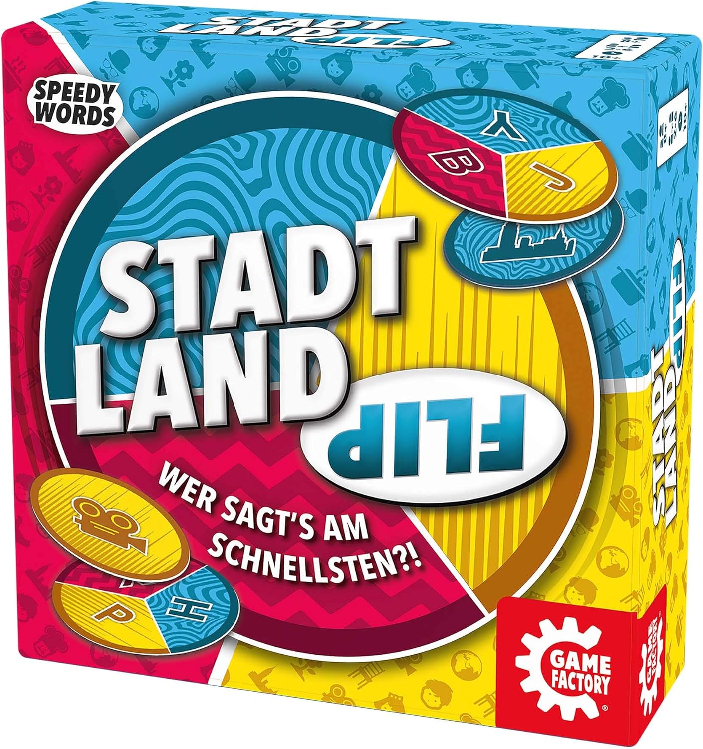 Game Factory 646278 Land, Super Fast Friends and Family, Children Aged 8 and up, Travel Game in a Practical Cardboard Box, Speedy Words, City Country flip
