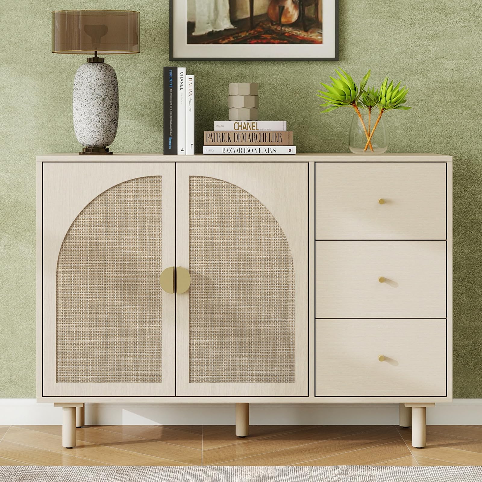 mixtavie Beige 2 Door 3 Drawer Rattan Cabinet, Accent Storage Cabinets with Cane Door, Stylish Boho Buffet Table with Storage,Black Rattan Cabinet