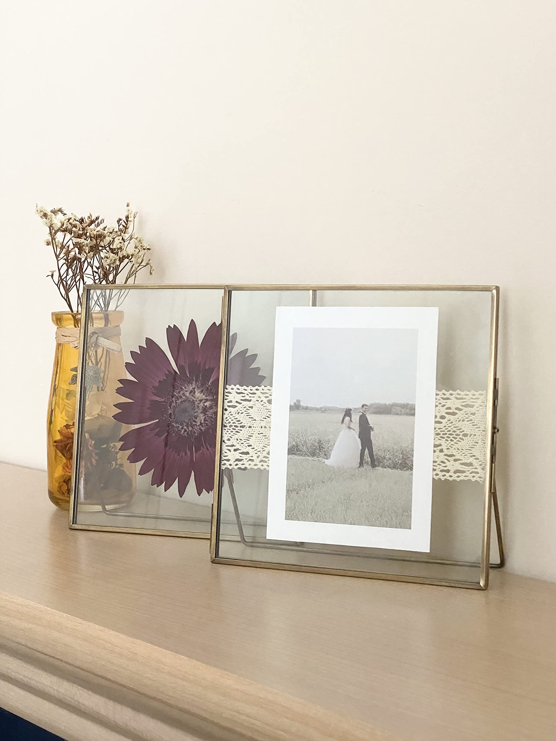 Beedecor Ramka na zdjęcia, 2 szt., podwójna, szklana ramka na zdjęcia z prasowanymi kwiatami, liśćmi i dziełami sztuki, kwadratowa metalowa ramka na zdjęcia 15 x 15 cm, przezroczysta pływająca, do